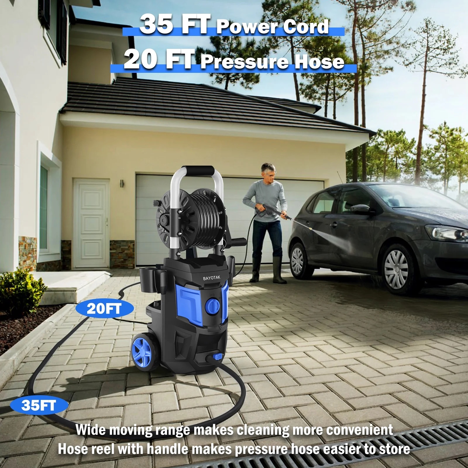 Electric Pressure Washer 5000 PSI 3.2 GPM - with 35 FT Power Cord, 20 FT Hose, 4 Connect Nozzles, Foam Cannon & Hose Reel | Ideal for Cars, Patios, Garages | Blue - Image 2