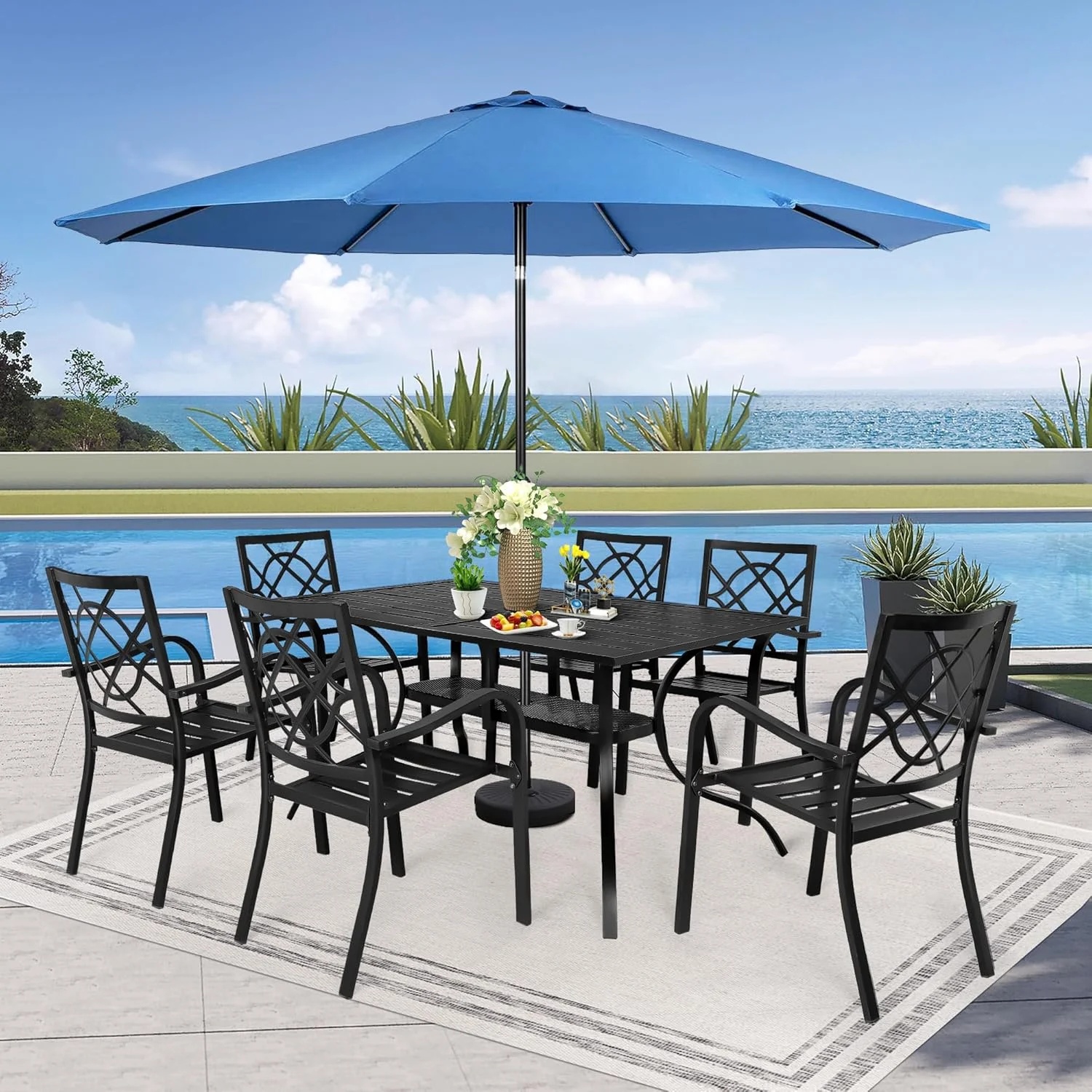 SUNCROWN 7-Piece Outdoor Wrought Iron Chairs and Table Patio Dining Furniture Set - 6 Stackable Metal Chairs, 1 Steel Slat Bistro Table and 1 Brown 9Ft Patio Umbrella for Garden Backyard Deck - Image 84