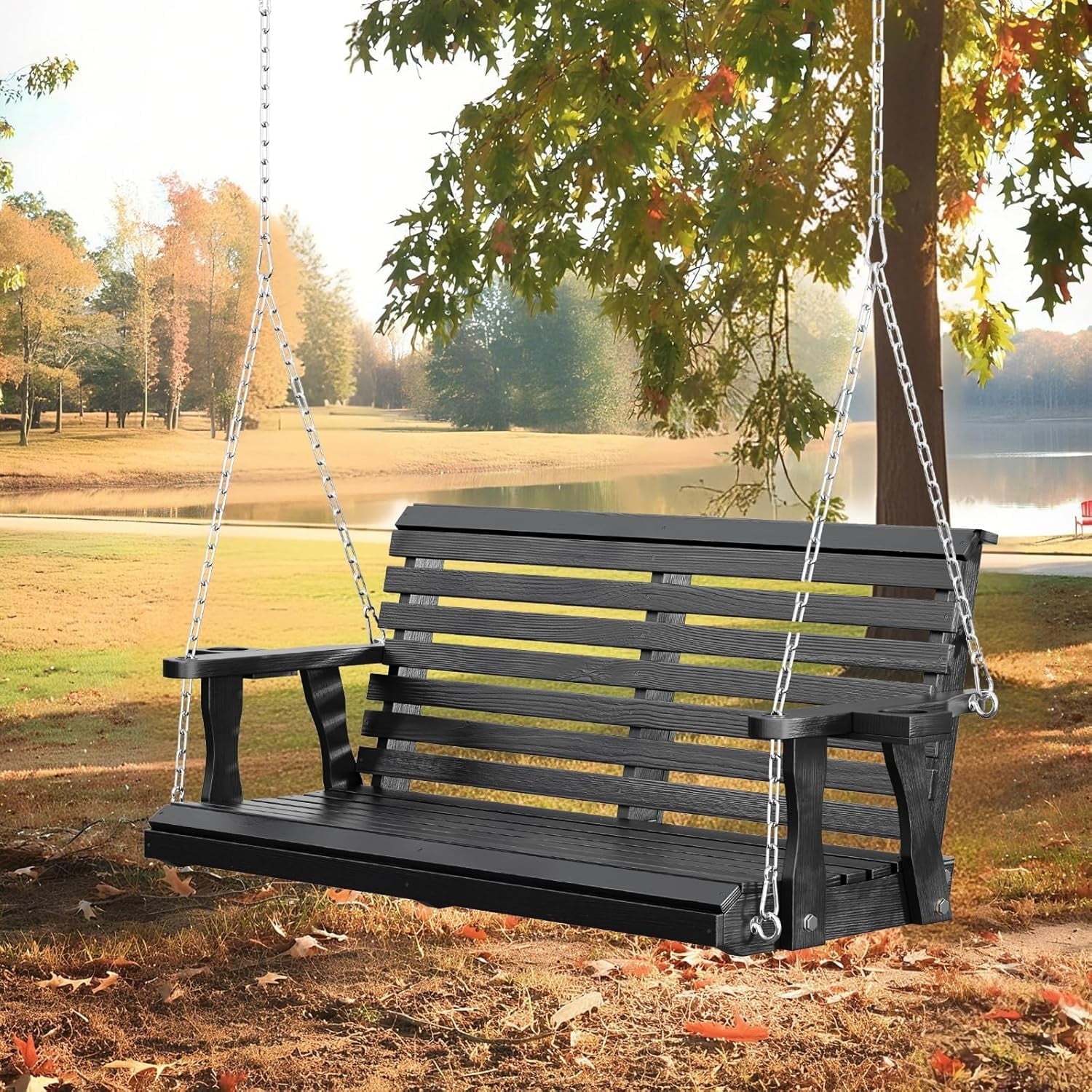 SOLAURA 2 Seat Outdoor Wooden Porch Swing with Cup Holders, Hanging Patio Swing with Hanging Chains, Swing Bench Chair for Backyard Garden Balcony, 440lbs Weight Capacity, Brown - Image 21
