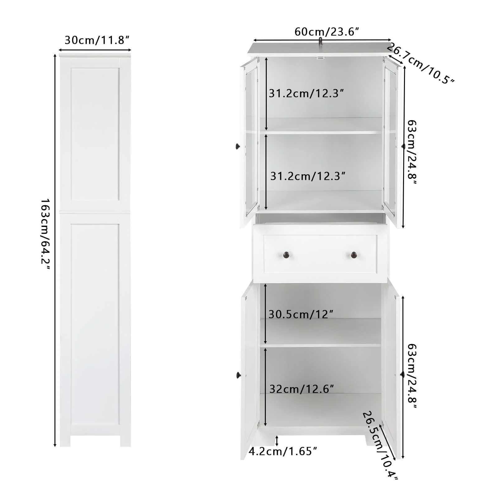 Ktaxon 64" Tall Bathroom Storage Cabinet Organizer, Freestanding Kitchen Pantry Cabinet Line Tower with 2 Glass Doors, Large Drawer & 4 Adjustable Shelves for Dining Room Living Room Home Office,White - Image 8