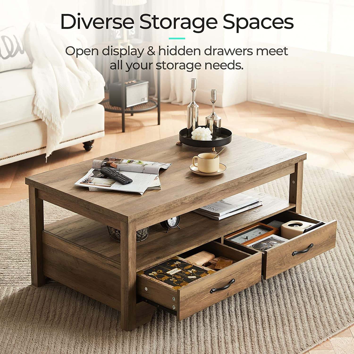 LINSY HOME Farmhouse Coffee Table with Storage, Wood Coffee Table for Living Room, Open Display Area and Storage Drawers with Metal Handles, Chic Style with Curved Base, Brown - Image 3