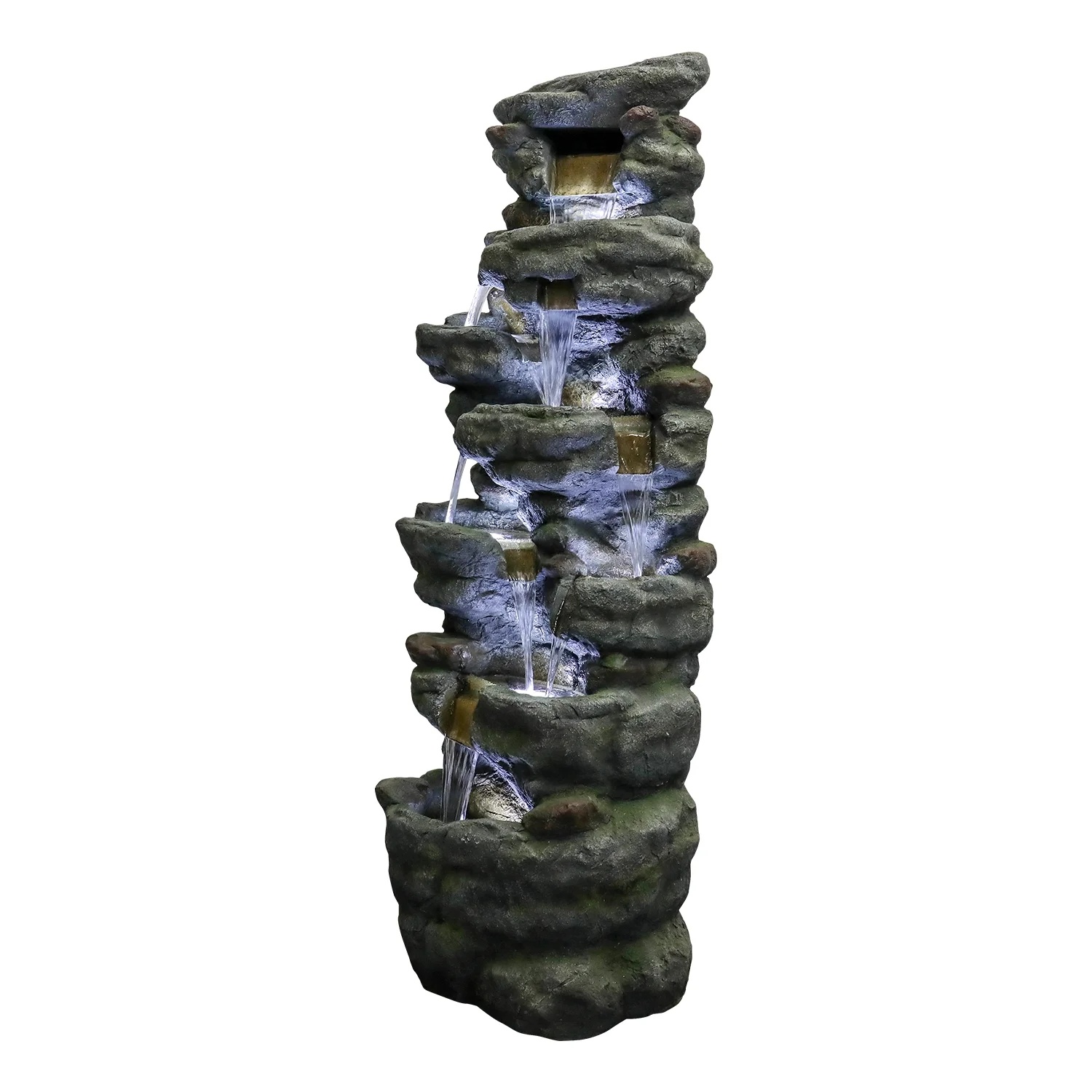 51" H Outdoor Water Fountain - 7-Tiers Rock Waterfall Fountain with LED Lights for Home Garden Decor - Image 6