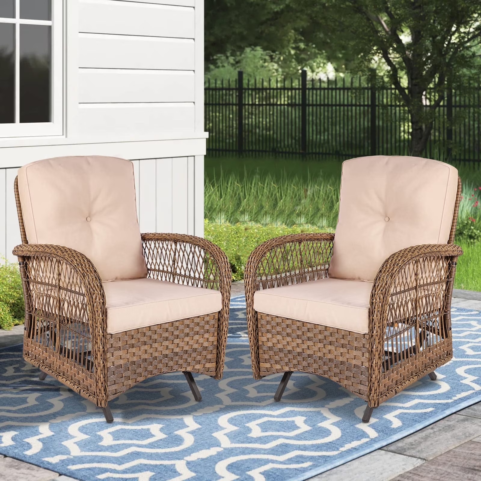 MEETWARM Patio Wicker Rocking Glider Set, All-Weather Outdoor Rattan Patio Rocking Chairs of 2, Patio Conversation Set with Thickened Cushions for Porch Garden & Backyard, Navy Blue - Image 3