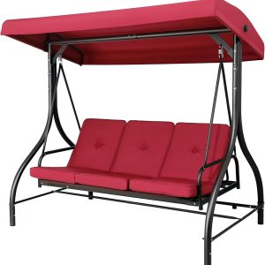 Pirecart 3 Person Patio Porch Swing Outdoor Converting Swing Glider Hammock with Adjustable Canopy, Cushions, Red