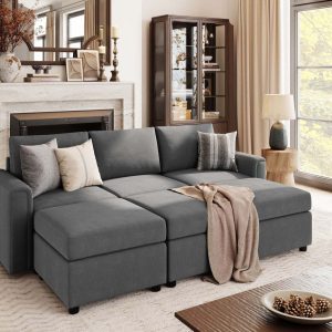 Linsy Home Modern Convertible Sleeper Sofa Bed with Storage Ottomans, Modular Sectional Couch Sofa,Dark Gray