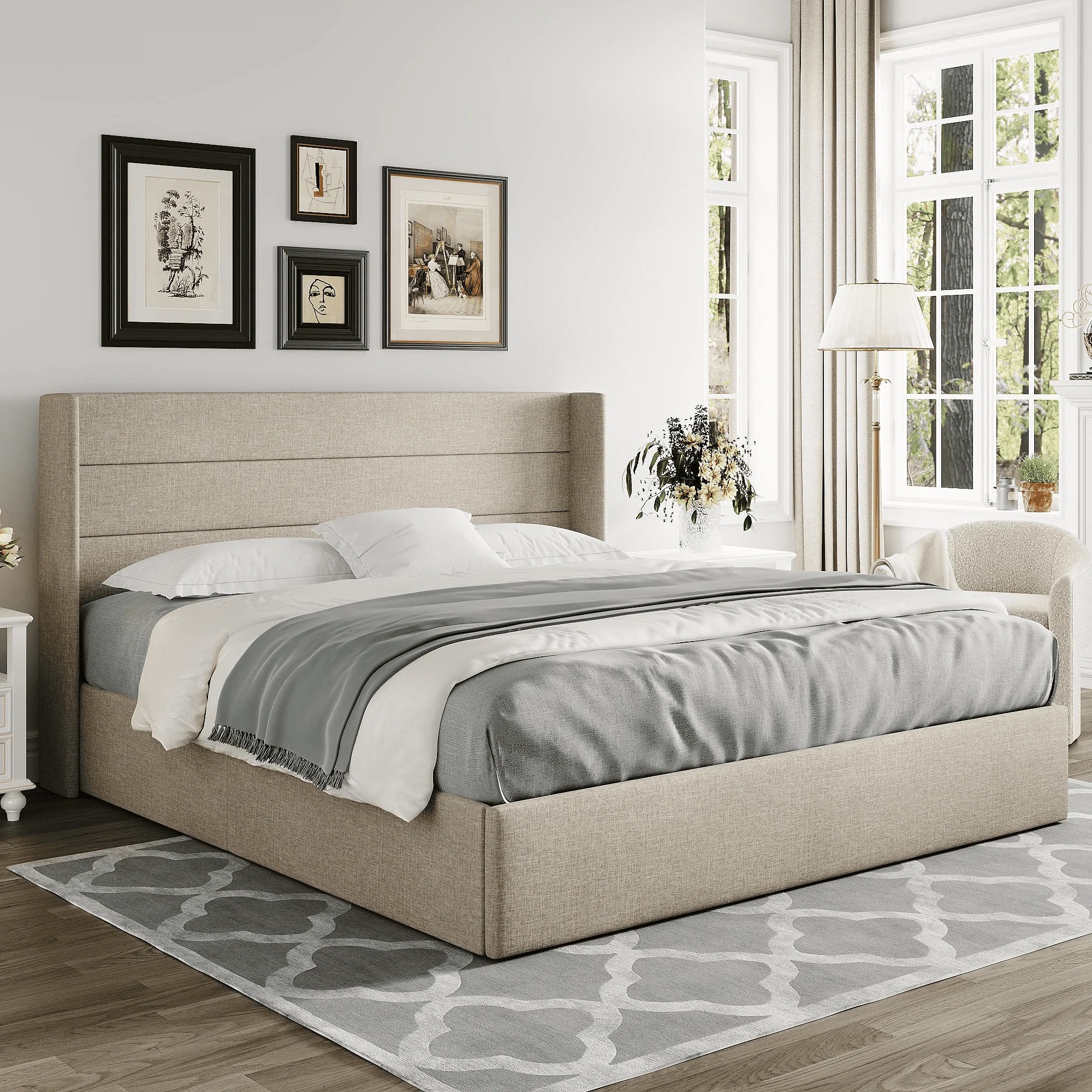 Einfach King Size Lift up Storage Bed with Wingbacks and Horizontal Channel Headboard, Beige - Image 6