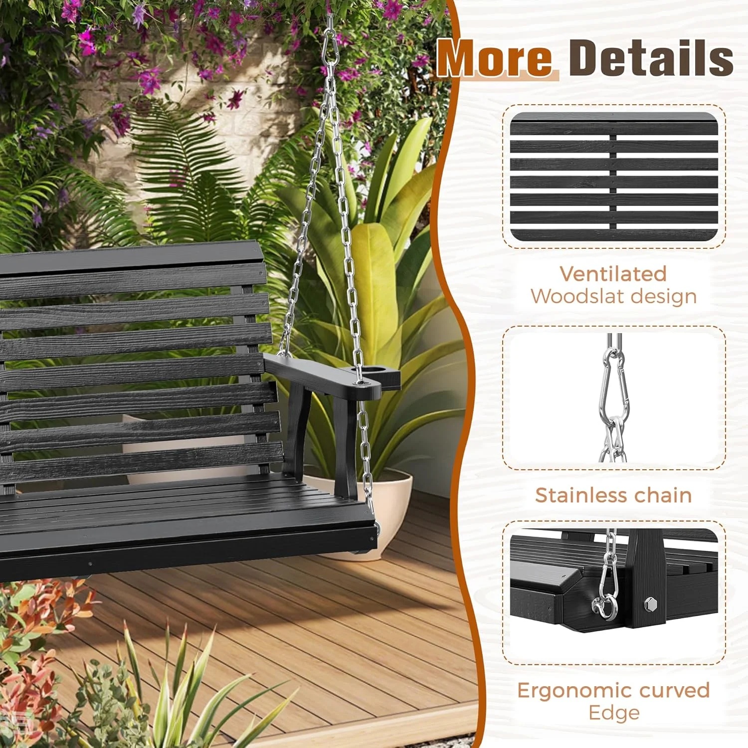 SOLAURA 2 Seat Outdoor Wooden Porch Swing with Cup Holders, Hanging Patio Swing with Hanging Chains, Swing Bench Chair for Backyard Garden Balcony, 440lbs Weight Capacity, Brown - Image 25