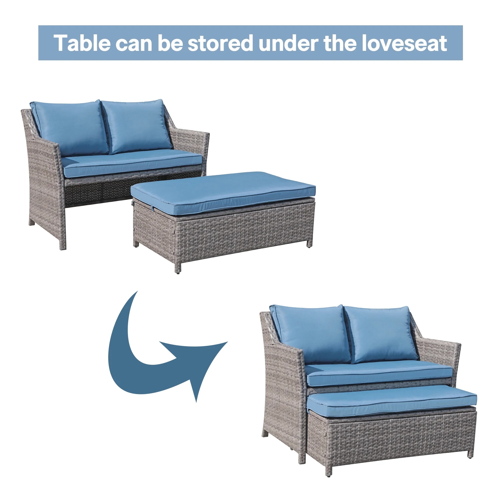 Outdoor Wicker Love Seat and Coffee Table Set, Weather Resistant Grey Rattan, Patio Furniture with Gray Cushions & Storage Bin - Image 12