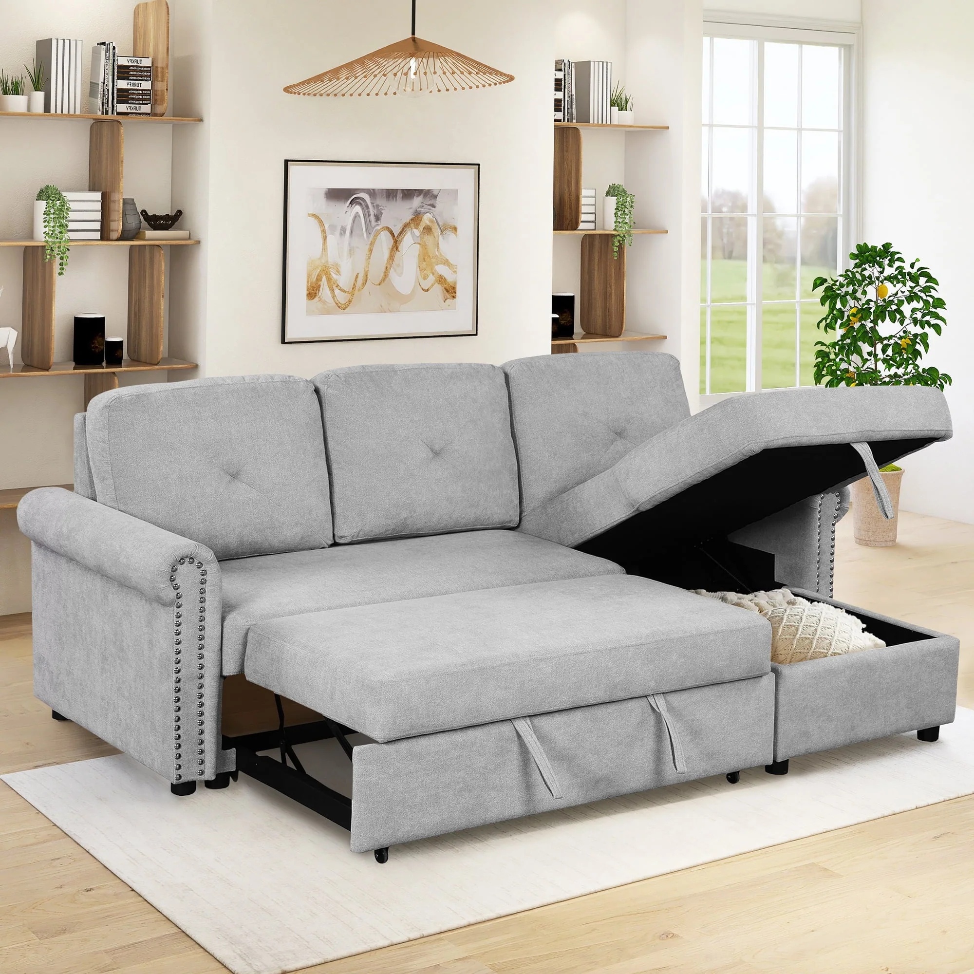Euroco 83" L Shaped Sofa Bed Modern Convertible Sleeper Sofa Bed with Storage Chaise, Gray