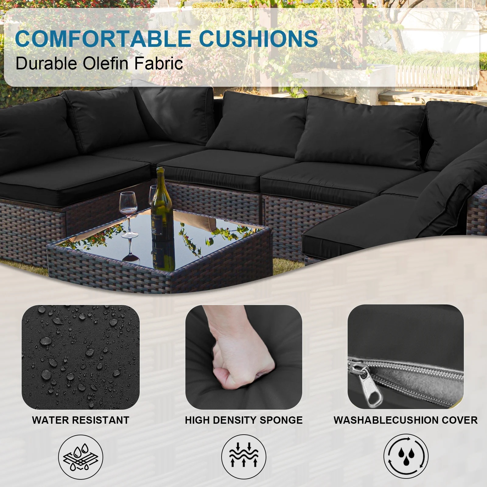 Grezone 7 Patio Outdoor Furniture Wicker Sectional Sofa Couch Lawn Sectional, Black - Image 6