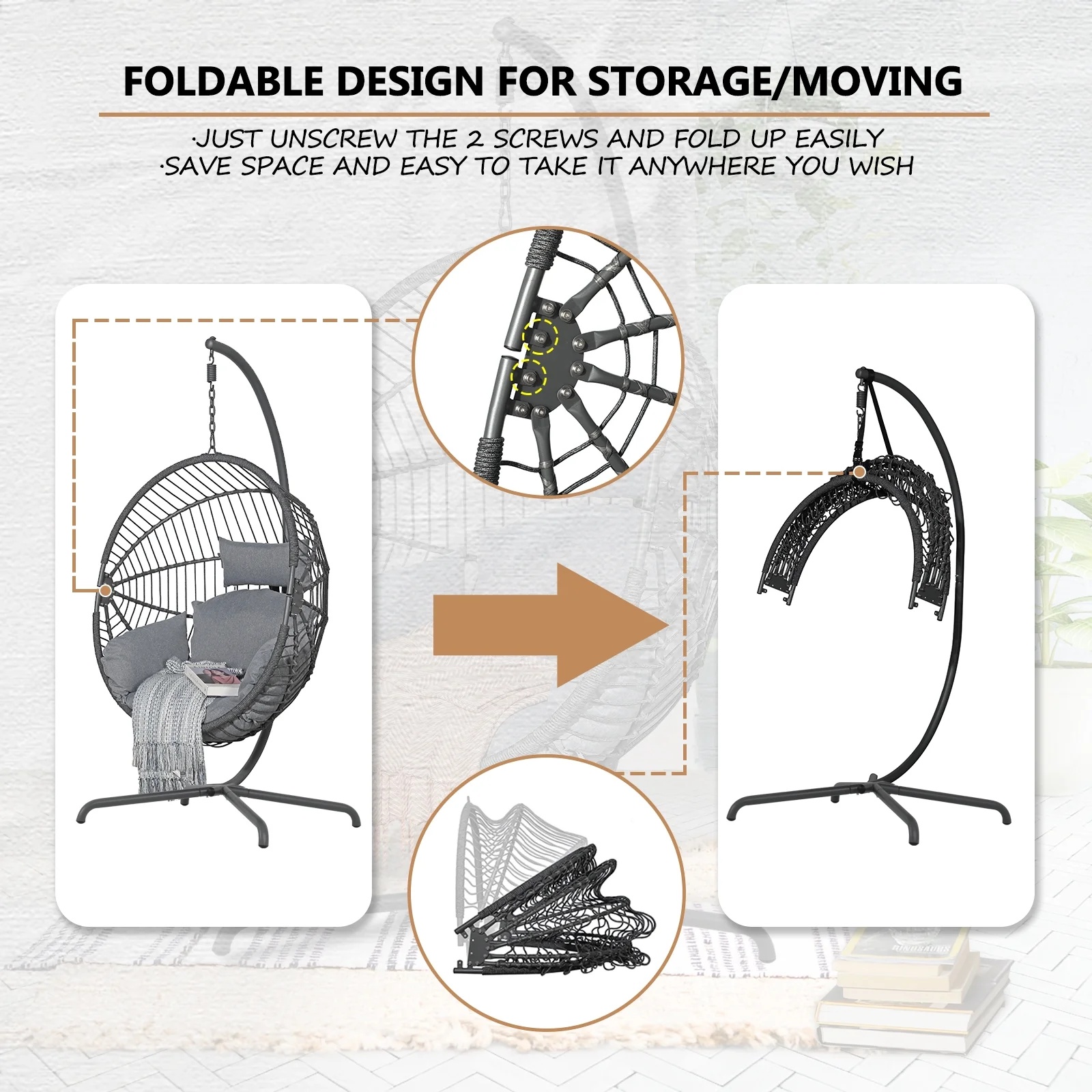 Indoor Outdoor Swing Egg Chair with Stand, Patio Foldable Grey Wicker Rattan Hanging Chair with Cushion, Light Gray - Image 16