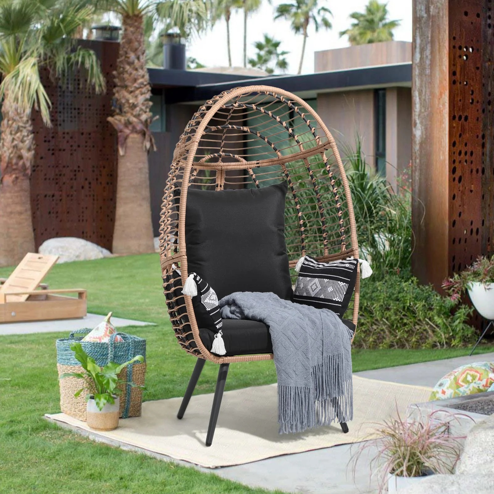 Indoor Outdoor Swing Egg Chair with Stand, Patio Foldable Grey Wicker Rattan Hanging Chair with Cushion, Light Gray - Image 31