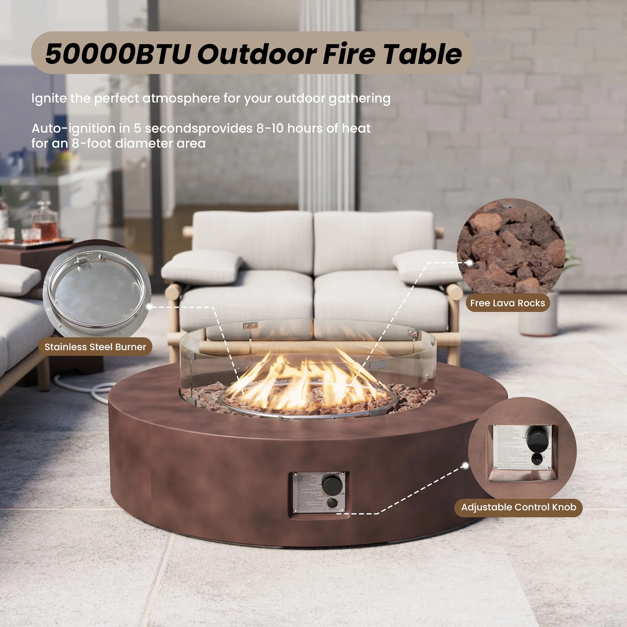 VENTOPYR 40.5-inch Outdoor Propane Fire Pit Coffee Table w Concrete Round Base Patio Heater, 50,000 BTU Stainless Steel Burner, Free Lava Rocks, Wind Guard, Rain Cover - Image 26