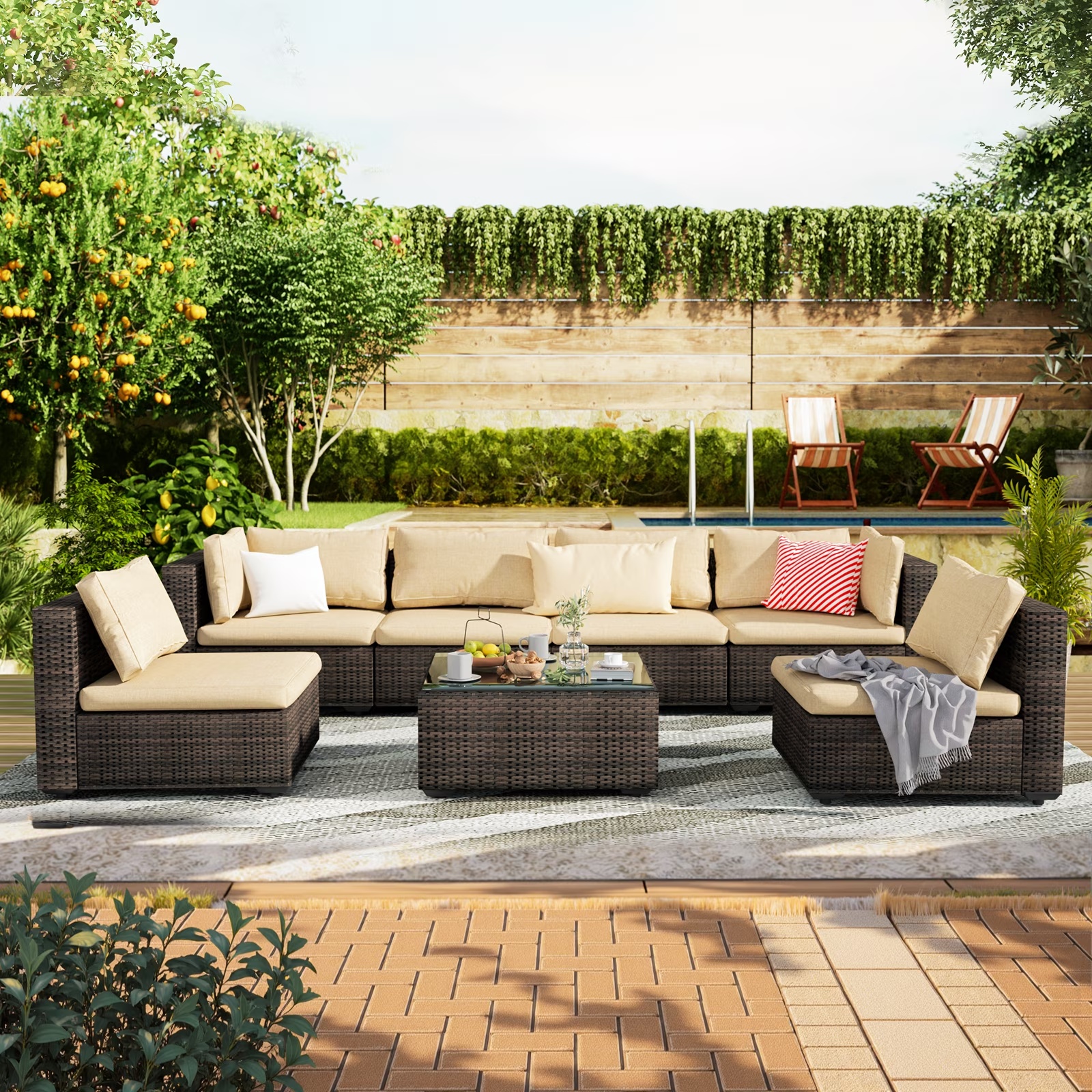 Grezone 7 Patio Outdoor Furniture Wicker Sectional Sofa Couch Lawn Sectional, Black - Image 7