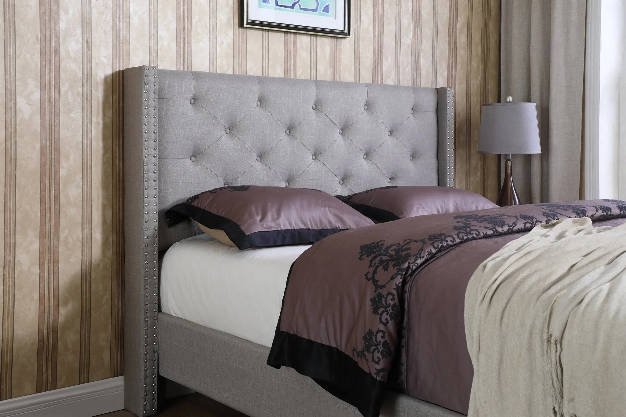 Full Size Upholstered Platform Bed Frame with 51" Tall Headboard - Button Tufted Cloth Bed - Wood Slat Support with Storage Space- No Box Spring Needed- Easy Assembly- Gray - OLIVER & SMITH - Image 3