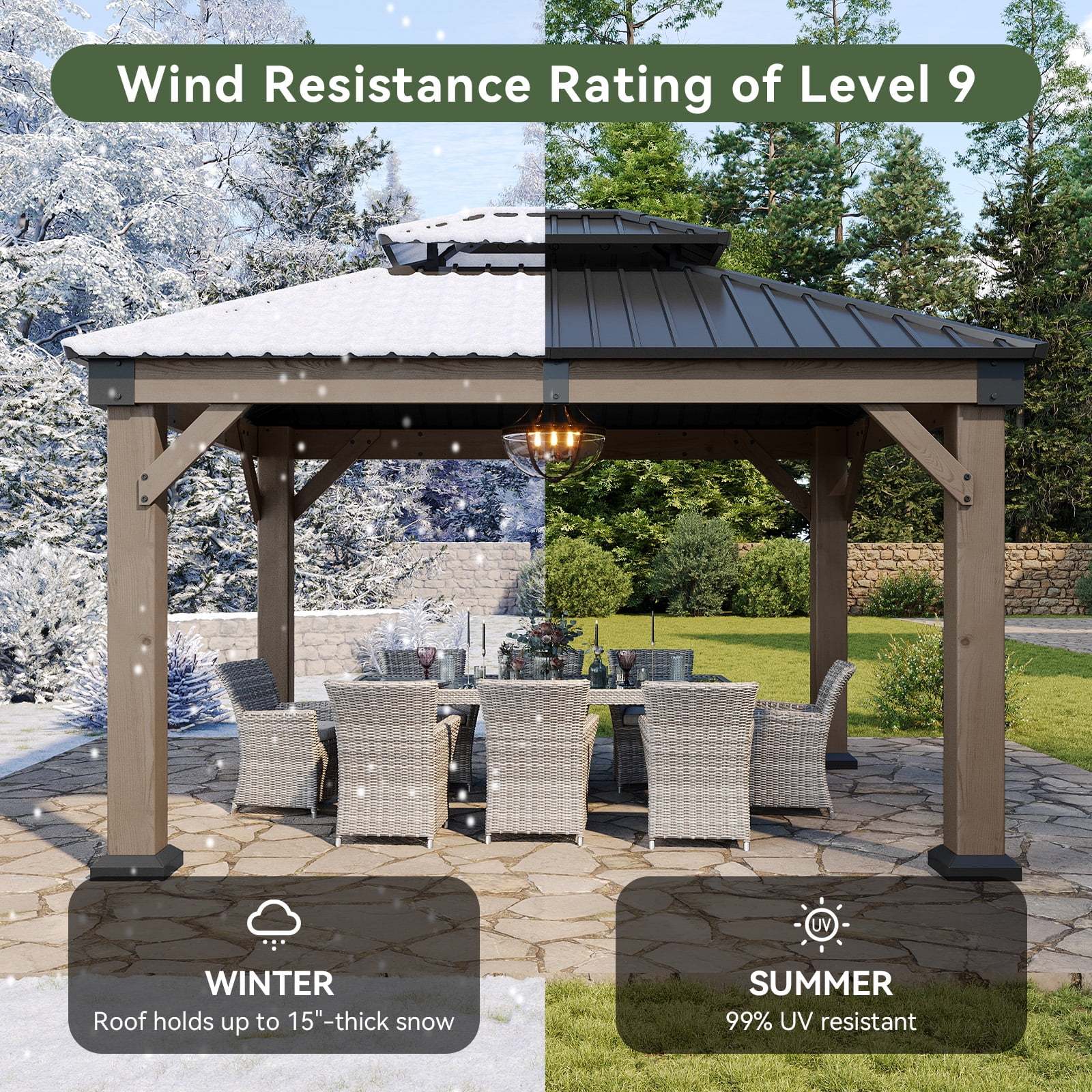 Aoxun 12' x 16' Outdoor Wood Gazebo, Hardtop Gazebo Permanent Wooden Pavilion with Galvanized Steel Double Roof, for Patio, Garden, Backyard, Cedar Wood - Image 28