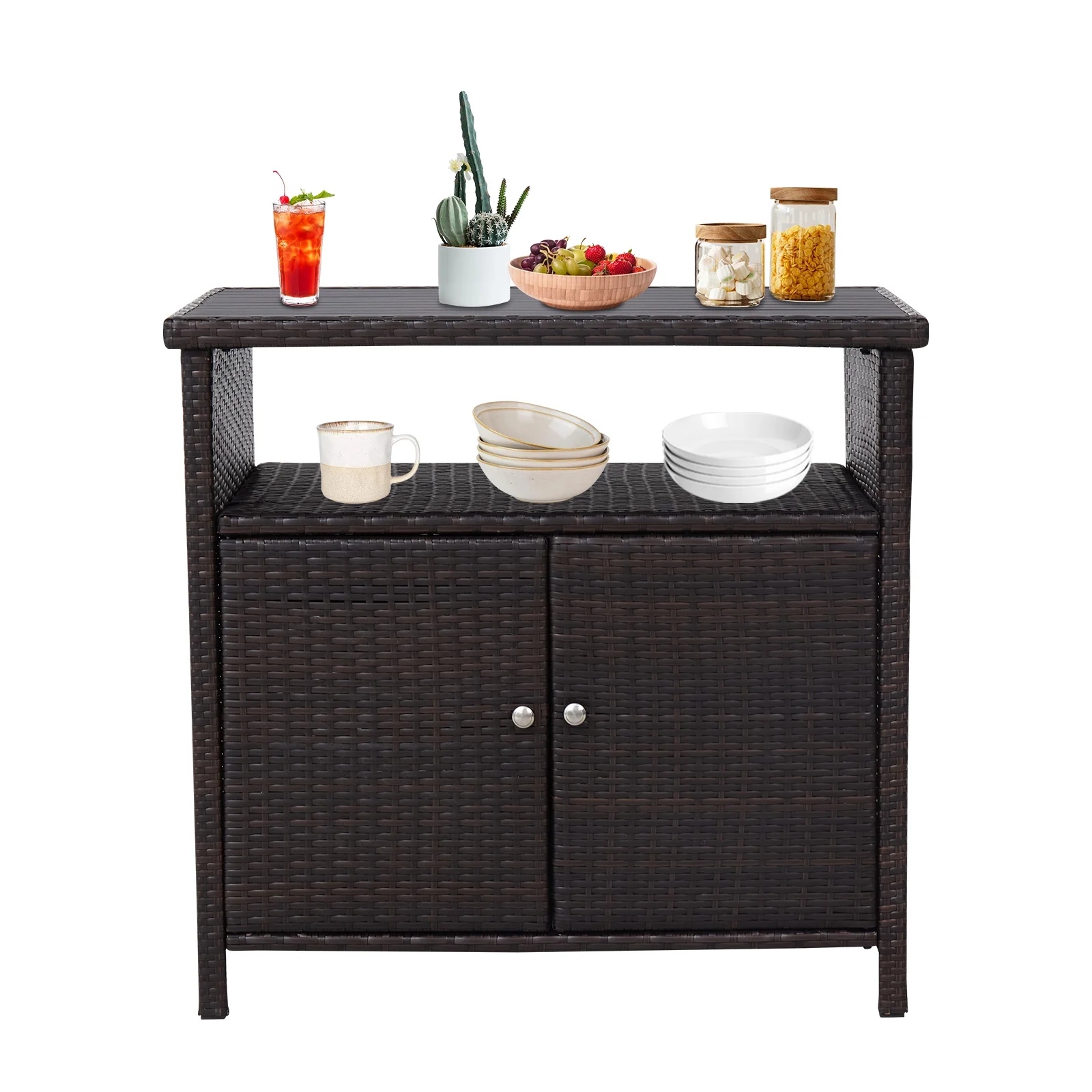 Kinbor Outdoor Wicker Storage Cabinet, Patio Bar Tables with Two Doors & Shelves, Weatherproof Storage Console Table, Dark Brown - Image 2