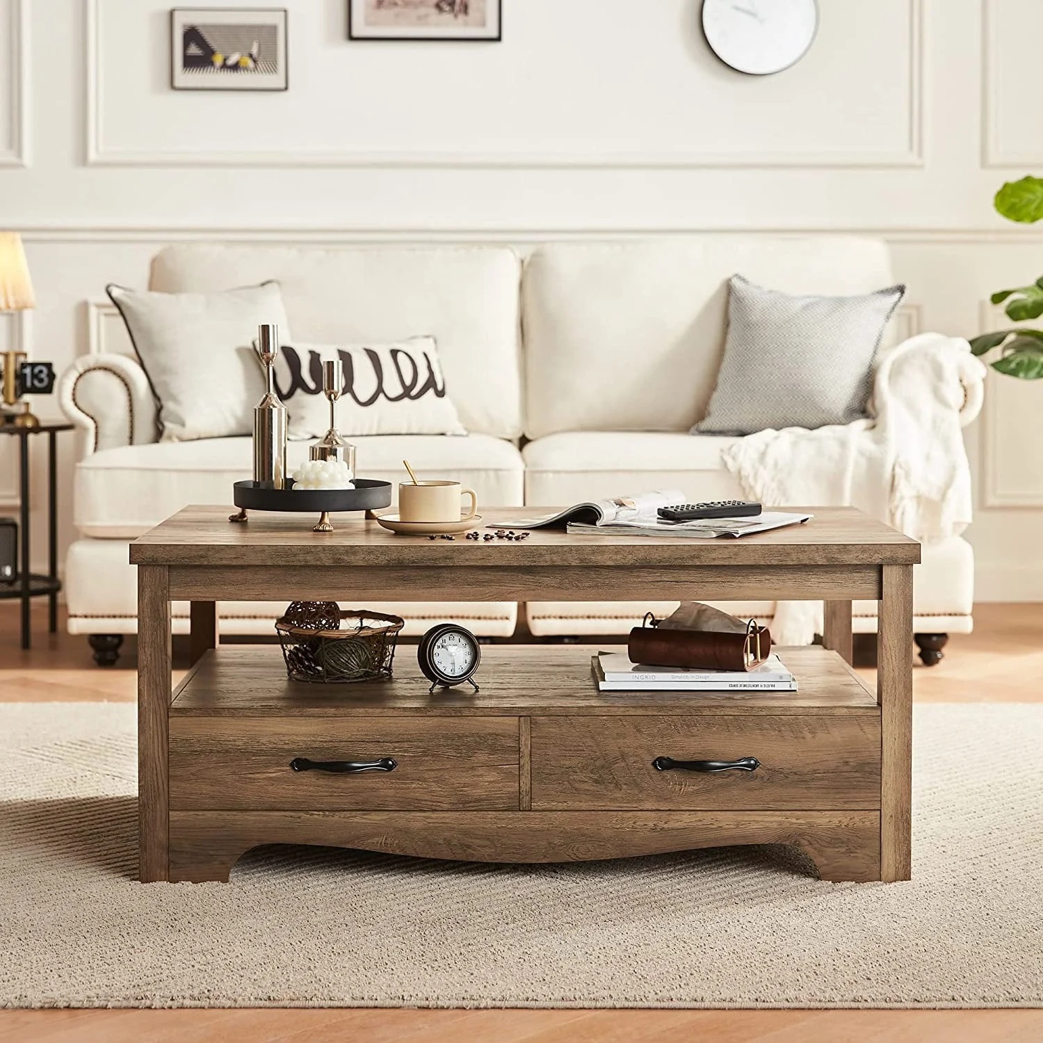LINSY HOME Farmhouse Coffee Table with Storage, Wood Coffee Table for Living Room, Open Display Area and Storage Drawers with Metal Handles, Chic Style with Curved Base, Brown - Image 9