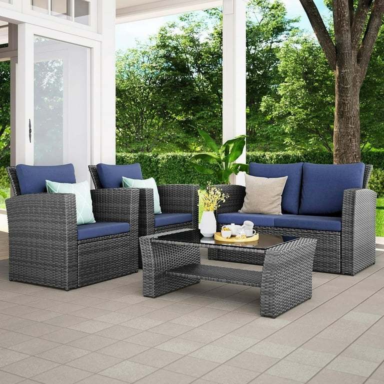 Superjoe 4 Pcs Outdoor Patio Furniture Sets, Wicker Rattan Conversation Set with Coffee table, Brown - Image 2