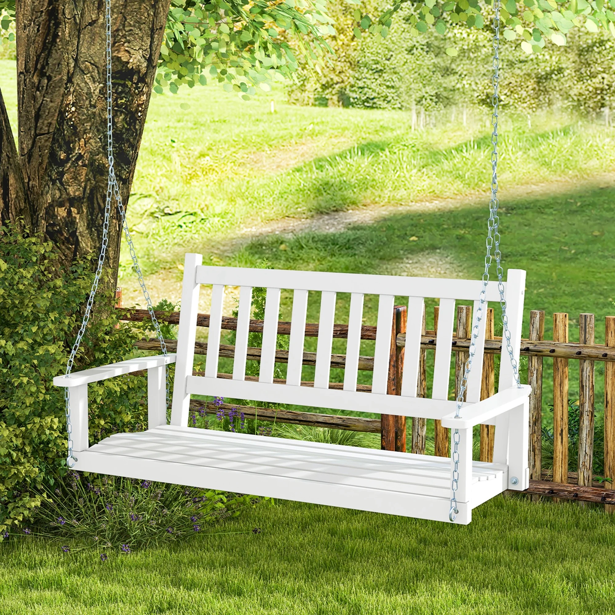 Costway 3-Person Wooden Outdoor Porch Swing Heavy Duty Patio Hanging Bench Chair White - Image 2