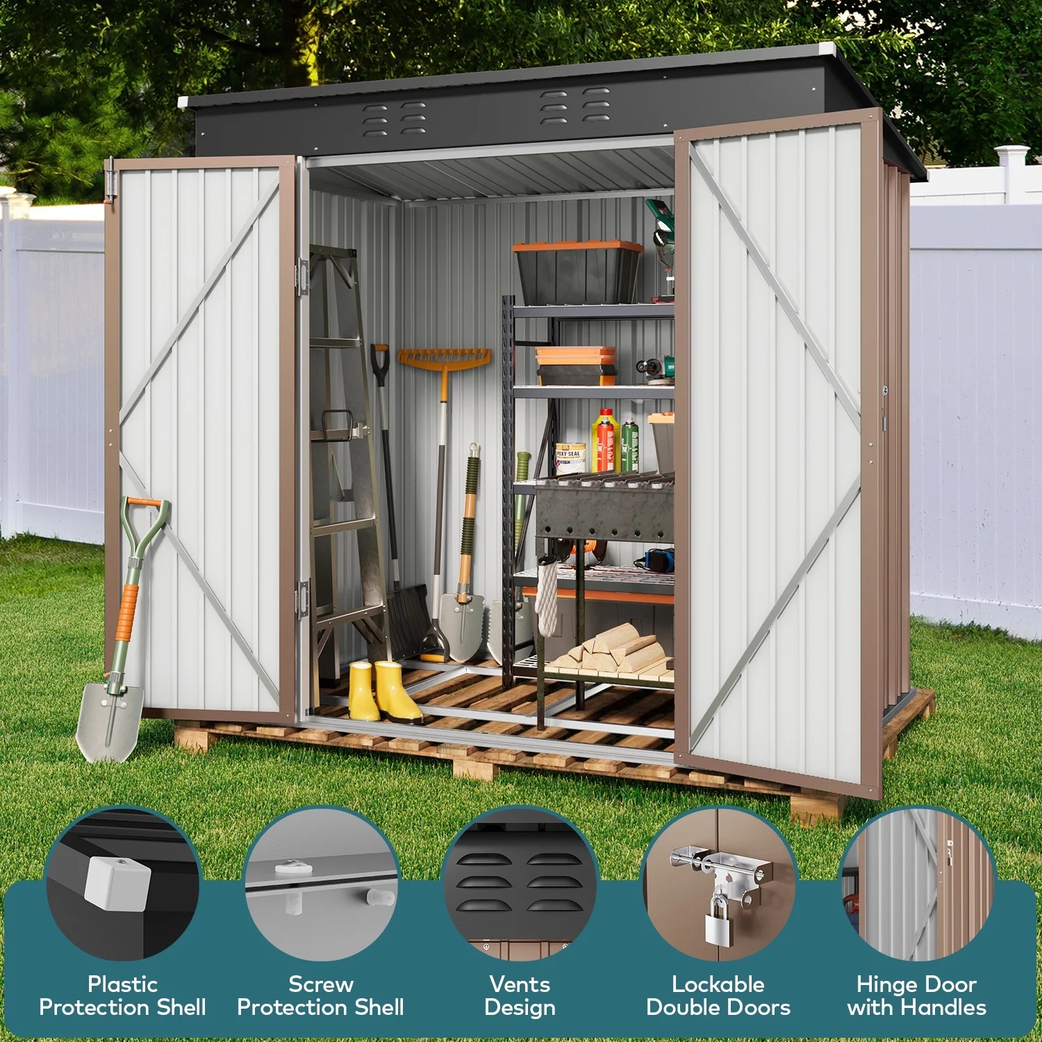 Lofka 6x4 FT Outdoor Storage Shed , Metal Garden Sheds & Outdoor Storage with Lockable Door for Backyard, Patio, Lawn, Brown - Image 4