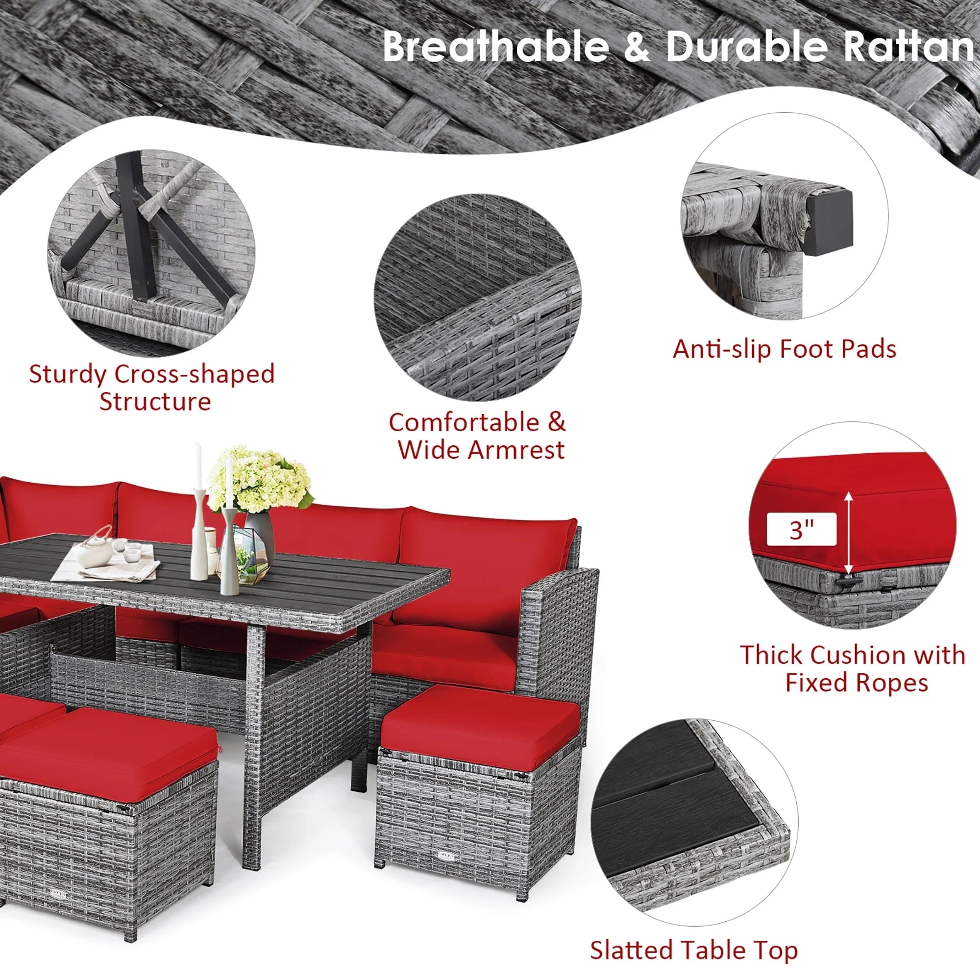 Costway 7 PCS Patio Rattan Dining Set Sectional Sofa Couch Ottoman Garden Red - Image 15
