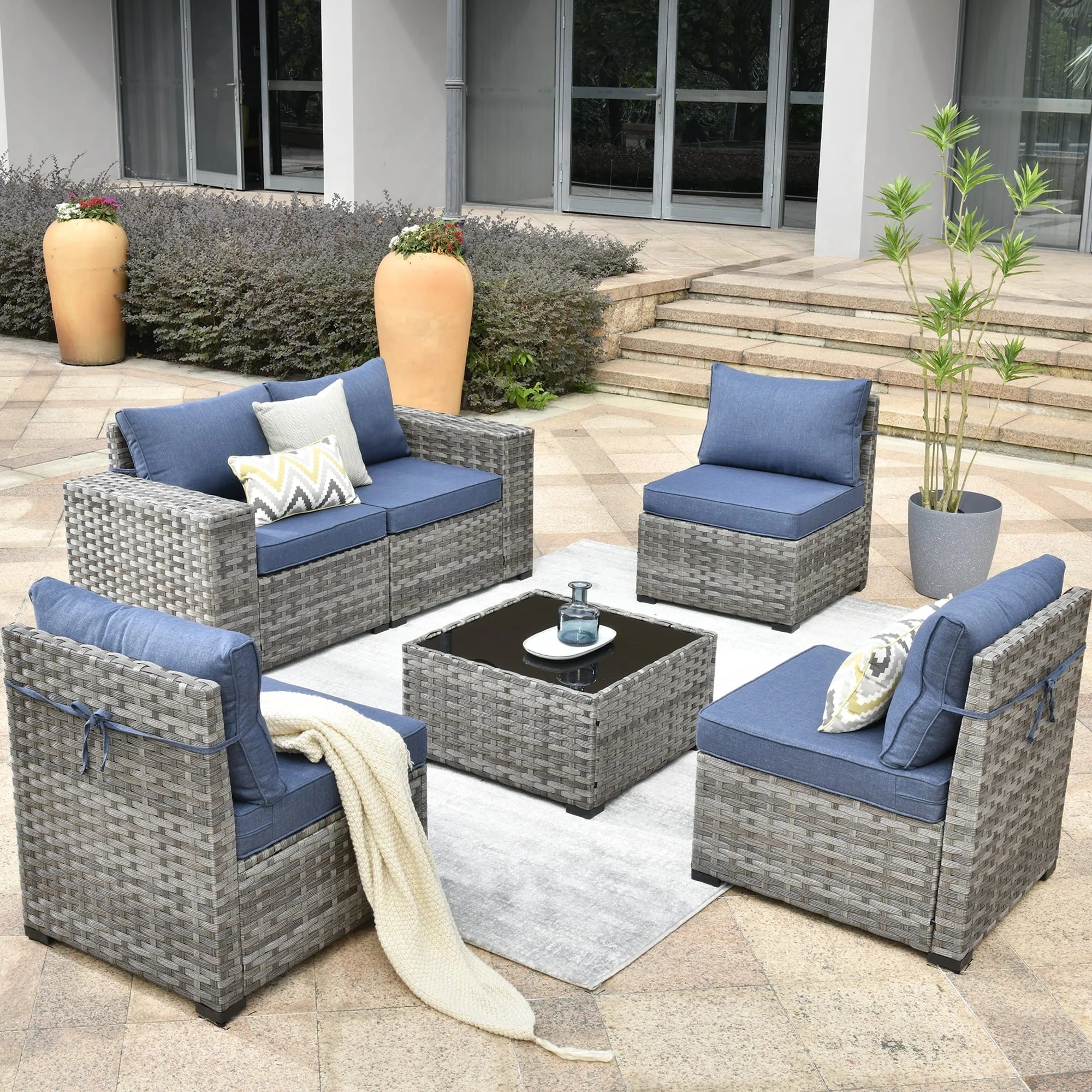 Ovios 6 Piece Outdoor Furniture All Weather Wicker Patio Conversation Sectional Couch with 7.68" Armrest for Garden Backyard - Image 3