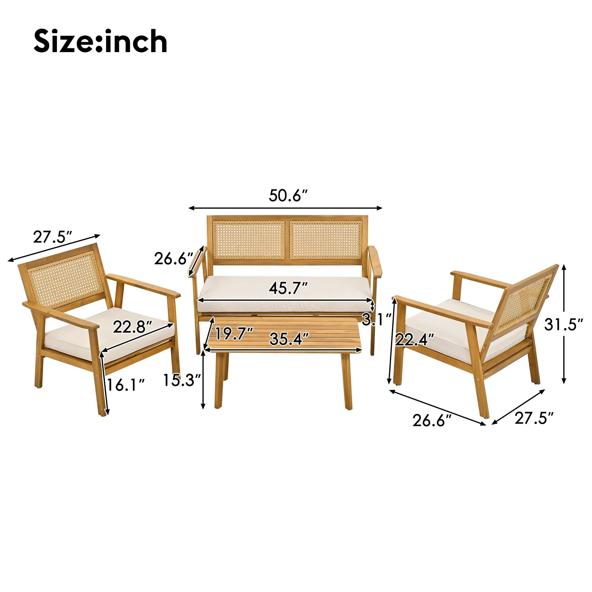 4 Piece Outdoor Patio Furniture Sets All Weather Outdoor Sofa PE Garden Furniture Wicker Rattan Patio Conversation Set with Glass Table & Beige Cushions - Image 9