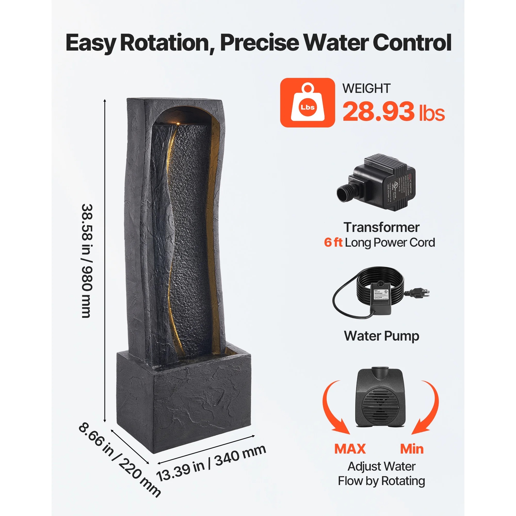 KFFKFF Outdoor Water Fountain, 38.58-Inch Tall with LED Light and Pump, 1-Tier Floor Standing Rock Base Design for Garden, Home, Patio, and Backyard Use - Image 3