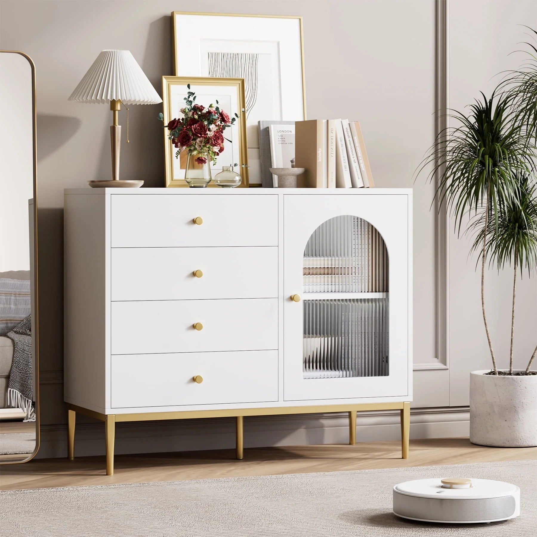 Homfa 4 Drawer Storage Cabinet, Modern Wooden Cupboard with Frosted Glass for Living Room, White Finish - Image 3