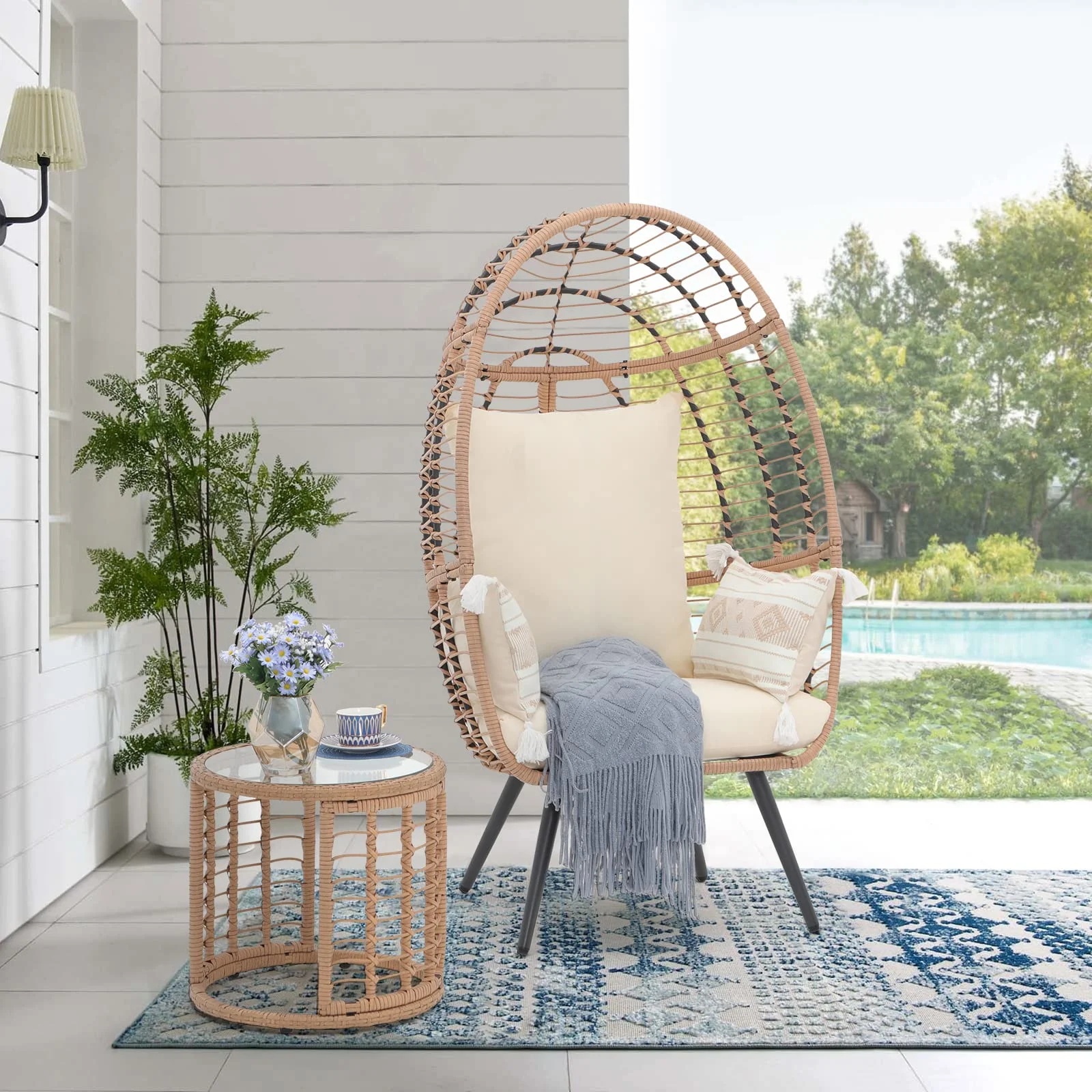 Indoor Outdoor Swing Egg Chair with Stand, Patio Foldable Grey Wicker Rattan Hanging Chair with Cushion, Light Gray - Image 35
