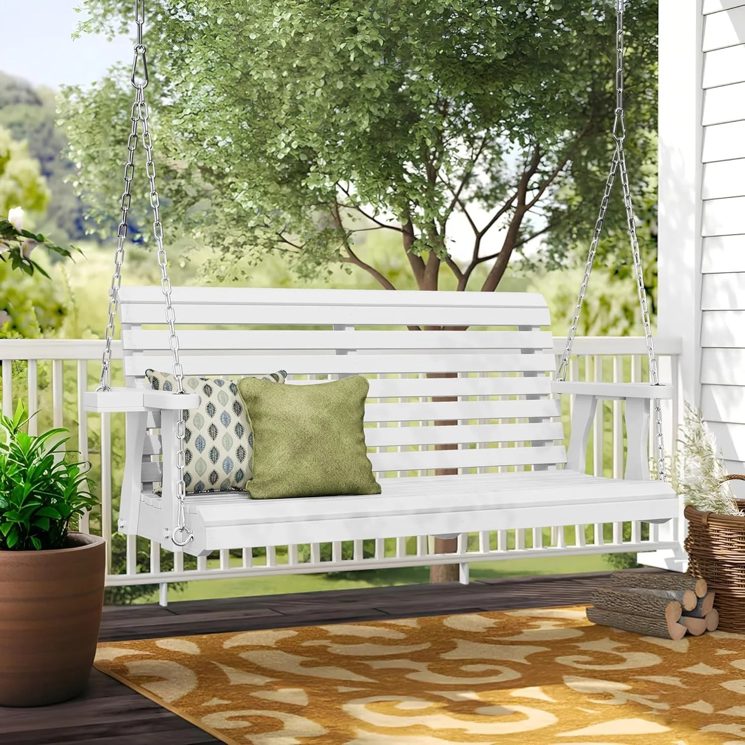 SOLAURA 2 Seat Outdoor Wooden Porch Swing with Cup Holders, Hanging Patio Swing with Hanging Chains, Swing Bench Chair for Backyard Garden Balcony, 440lbs Weight Capacity, Brown - Image 19