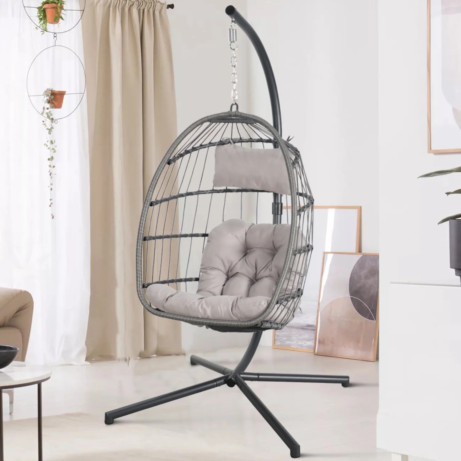 Indoor Outdoor Swing Egg Chair with Stand, Patio Foldable Grey Wicker Rattan Hanging Chair with Cushion, Light Gray - Image 10