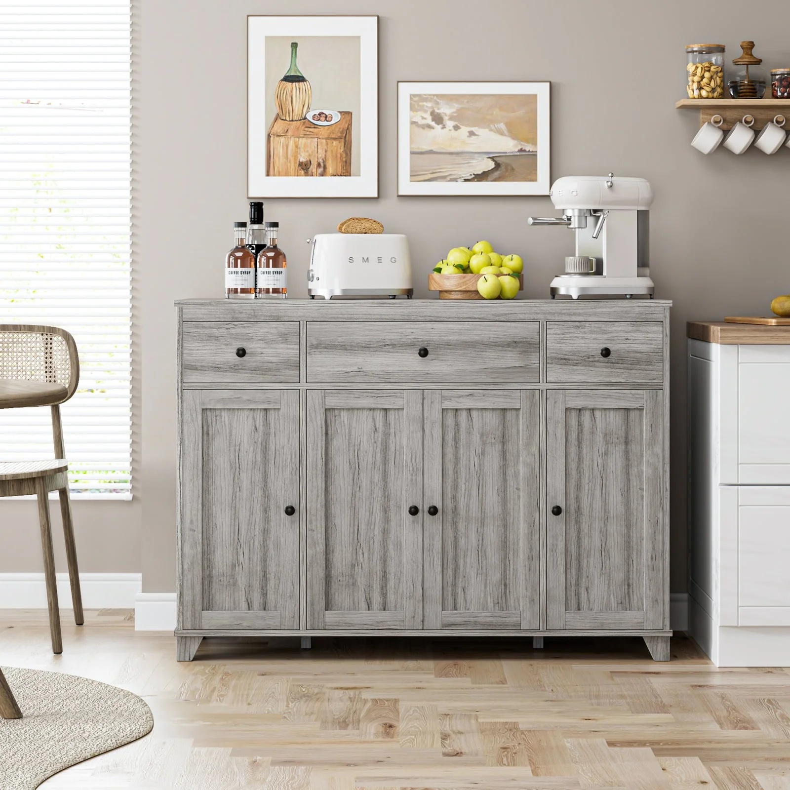Homfa Buffet Sideboard, Wooden Storage Cabinet with Drawers & Doors, Wide Buffet Cabinet for Dining Room, Gray - Image 7