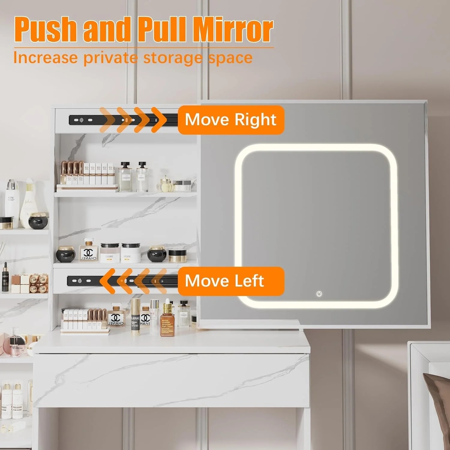 Vanity Desk with Sliding Mirror and Lights, Makeup Vanity Set with Power Outlet, 4 Drawers, Stool, Open Shelves, 3 Color Lighting Modes, Brightness Adjustable, Makeup Dressing Table for Bedroom - Image 19