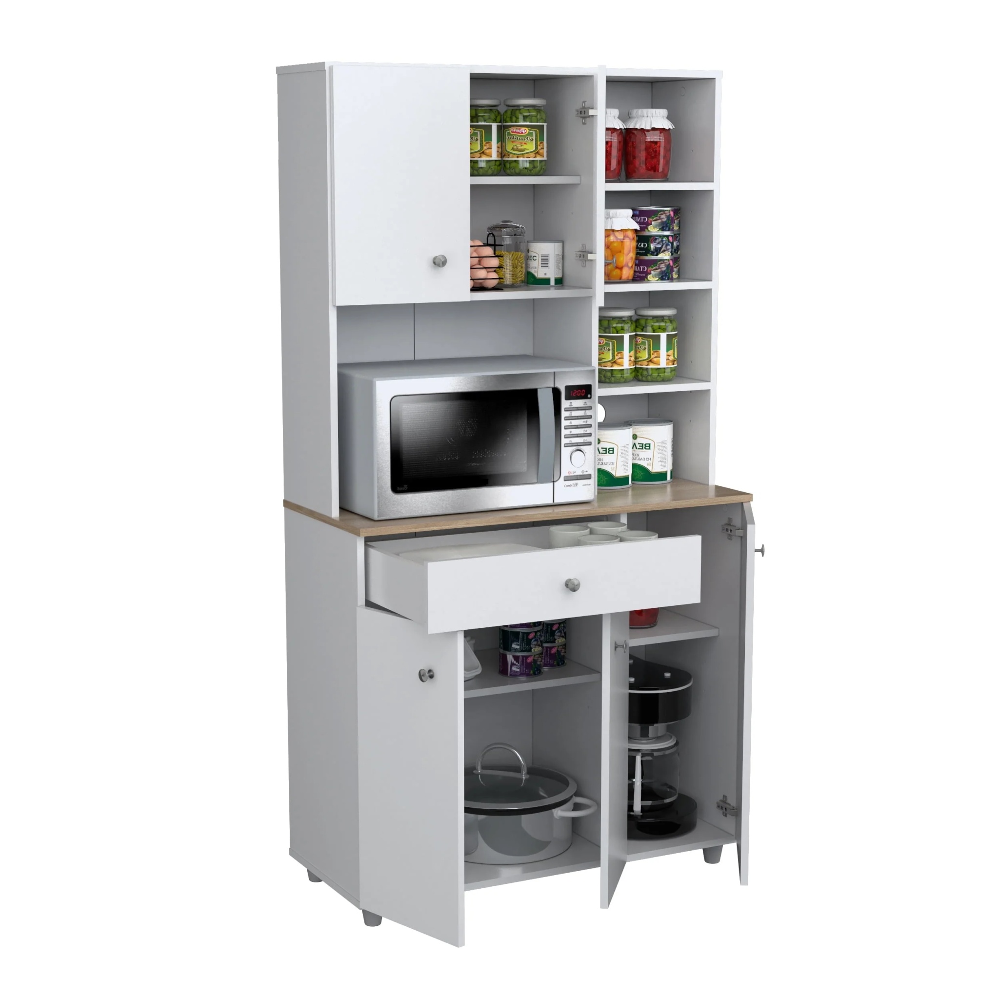 Inval 10-Shelf Kitchen Microwave Storage Cabinet (35 x 66 x 16), White/Maple - Image 4