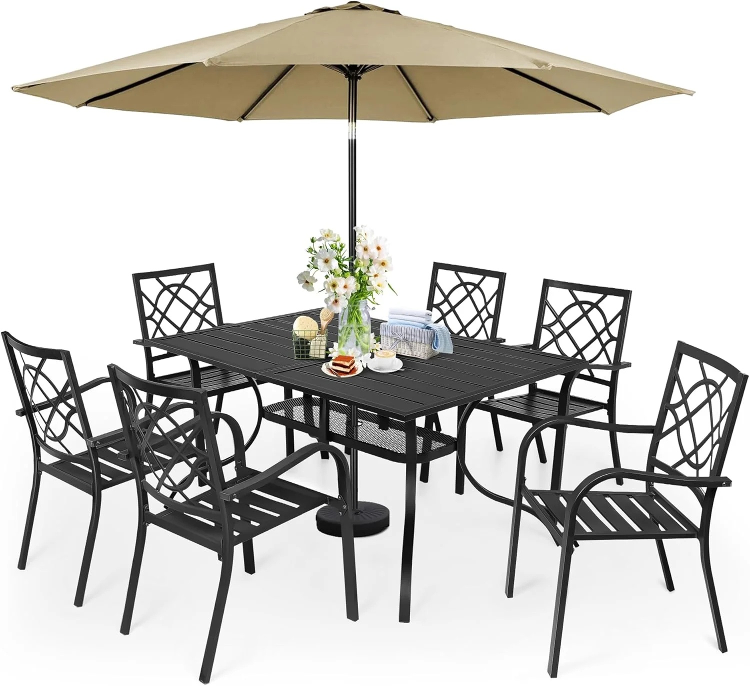 SUNCROWN 7-Piece Outdoor Wrought Iron Chairs and Table Patio Dining Furniture Set - 6 Stackable Metal Chairs, 1 Steel Slat Bistro Table and 1 Brown 9Ft Patio Umbrella for Garden Backyard Deck - Image 14