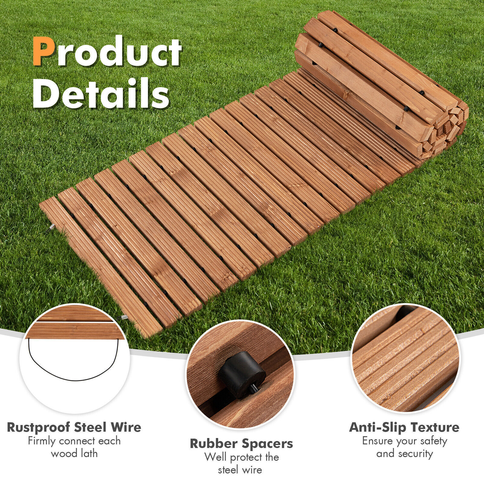 Gymax 8 FT Roll-out Wood Pathway 22'' Width Patio Path Straight Weather-Resist - Image 9