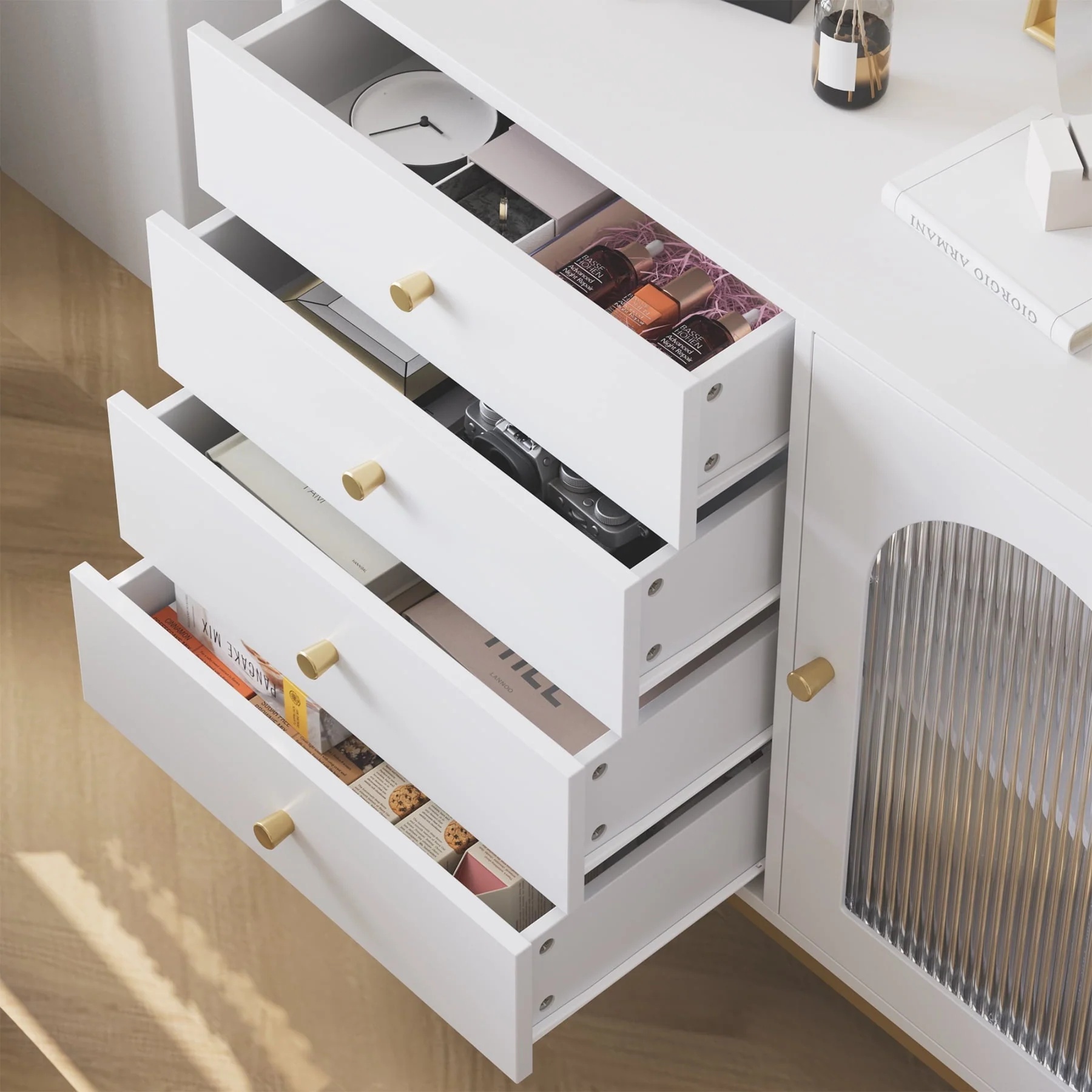 Homfa 4 Drawer Storage Cabinet, Modern Wooden Cupboard with Frosted Glass for Living Room, White Finish - Image 5