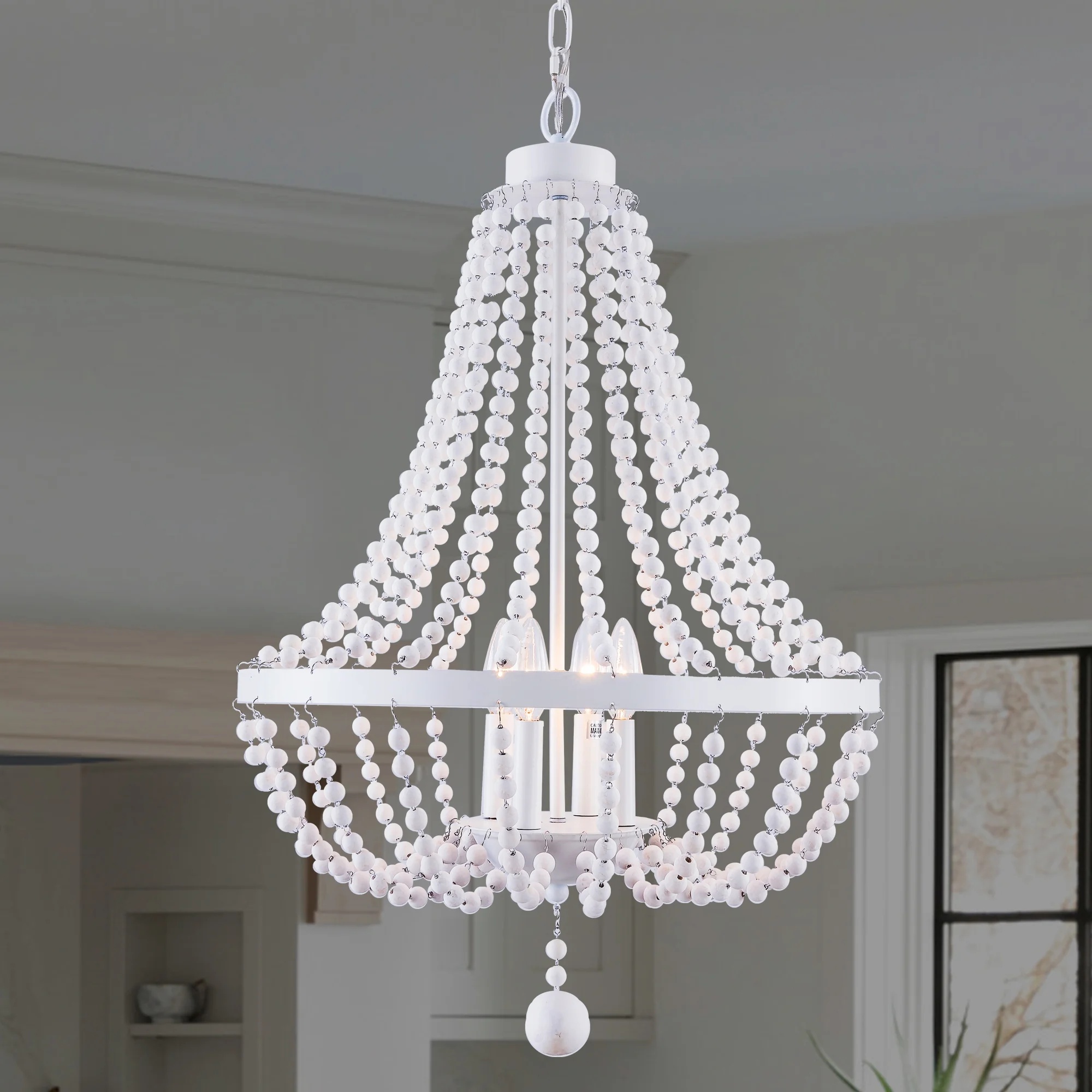 Oaks Aura 4-Light Farmhouse Wood Beaded Chandelier Adjustable Height Black Finish Boho Pendant Lighting - Image 3