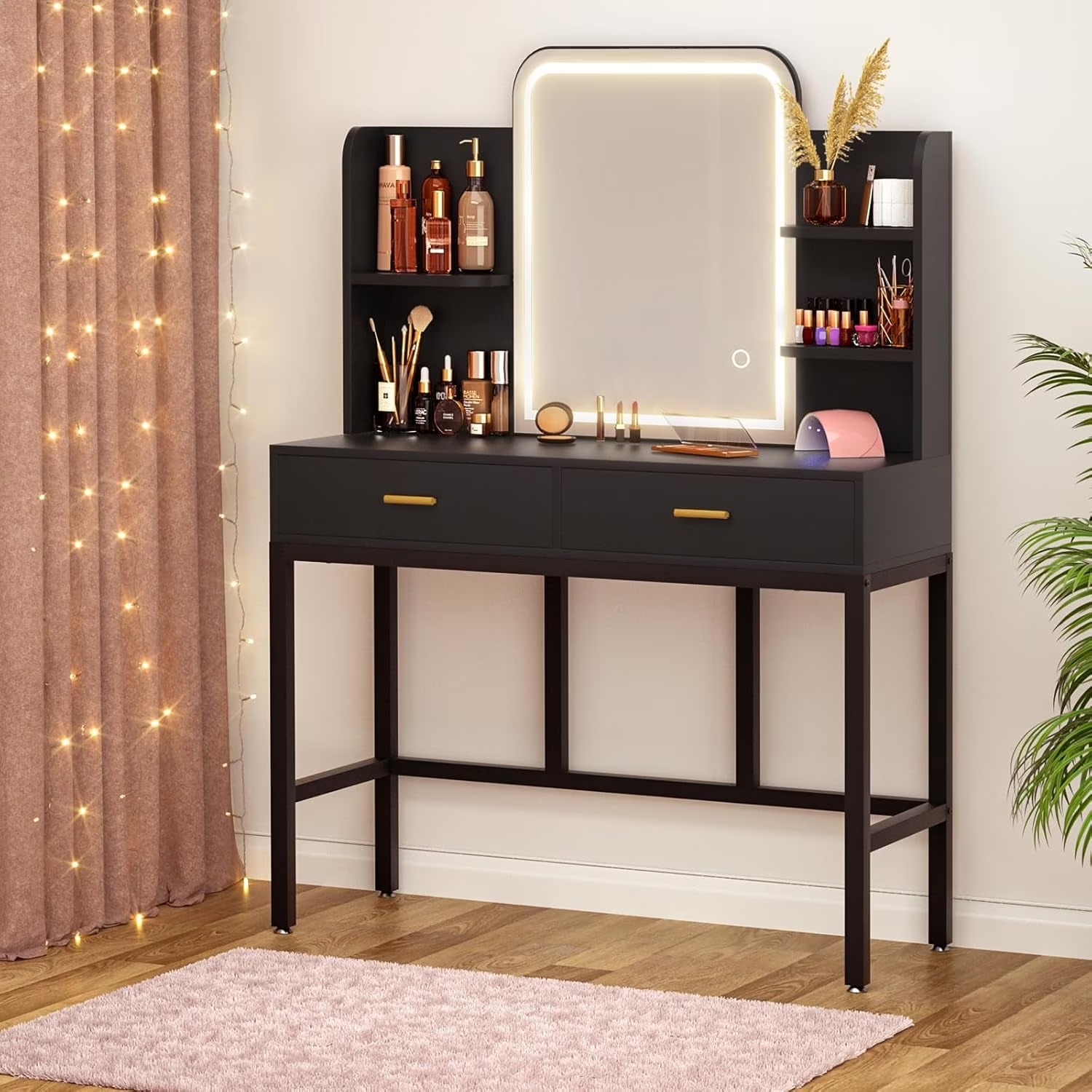 iSunirm Vanity Desk with Mirror and Lights, Makeup Vanity with 2 Drawers, Vanity Table Set with 3 Color Adjustable Lighting Options, Modern Dressing Table with Shelf, for Bedroom, Pink - Image 5