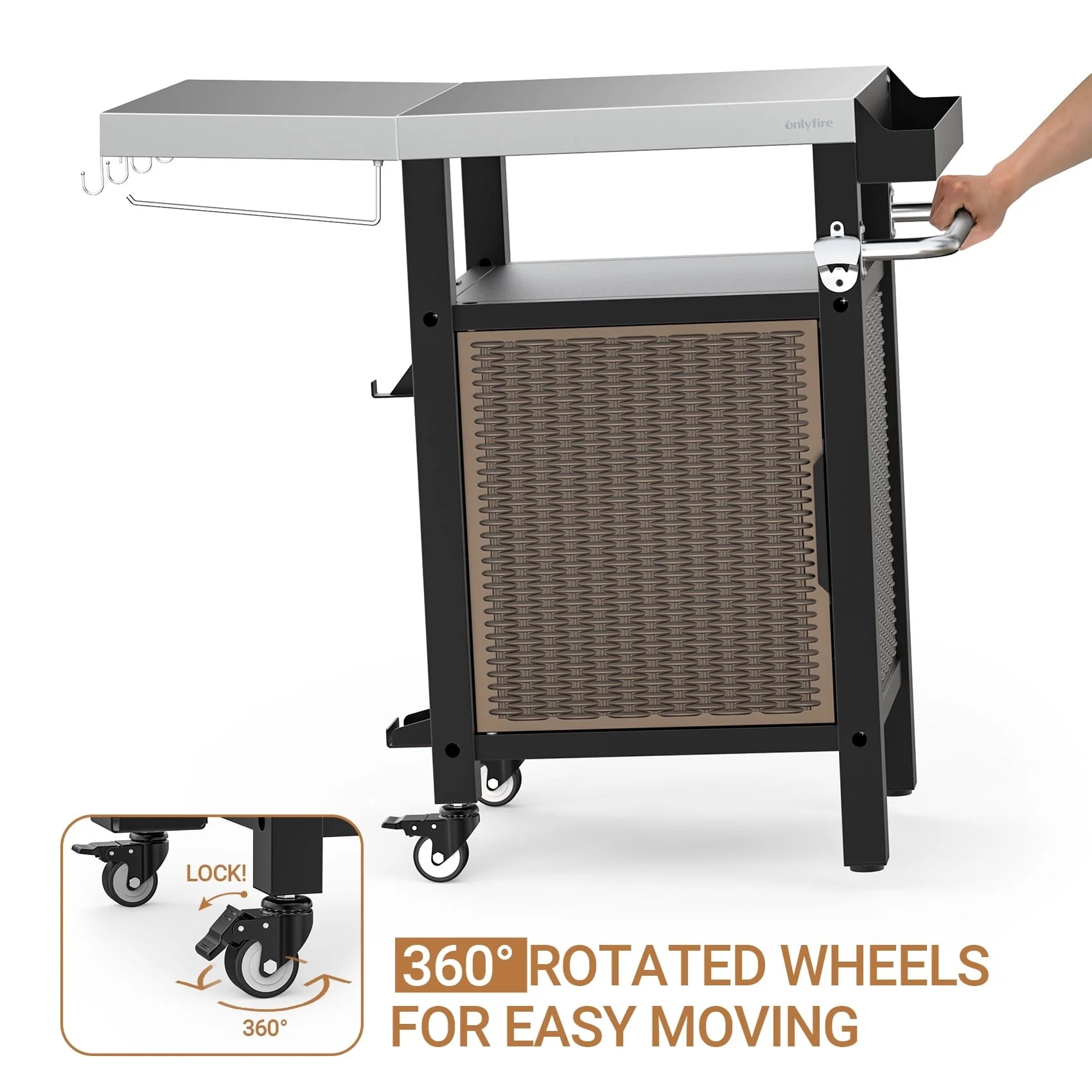 Only Fire Outdoor Grill Cart with Storage, Side Shelf & Wheels, Stainless Steel, 35"L×22"W×36"H