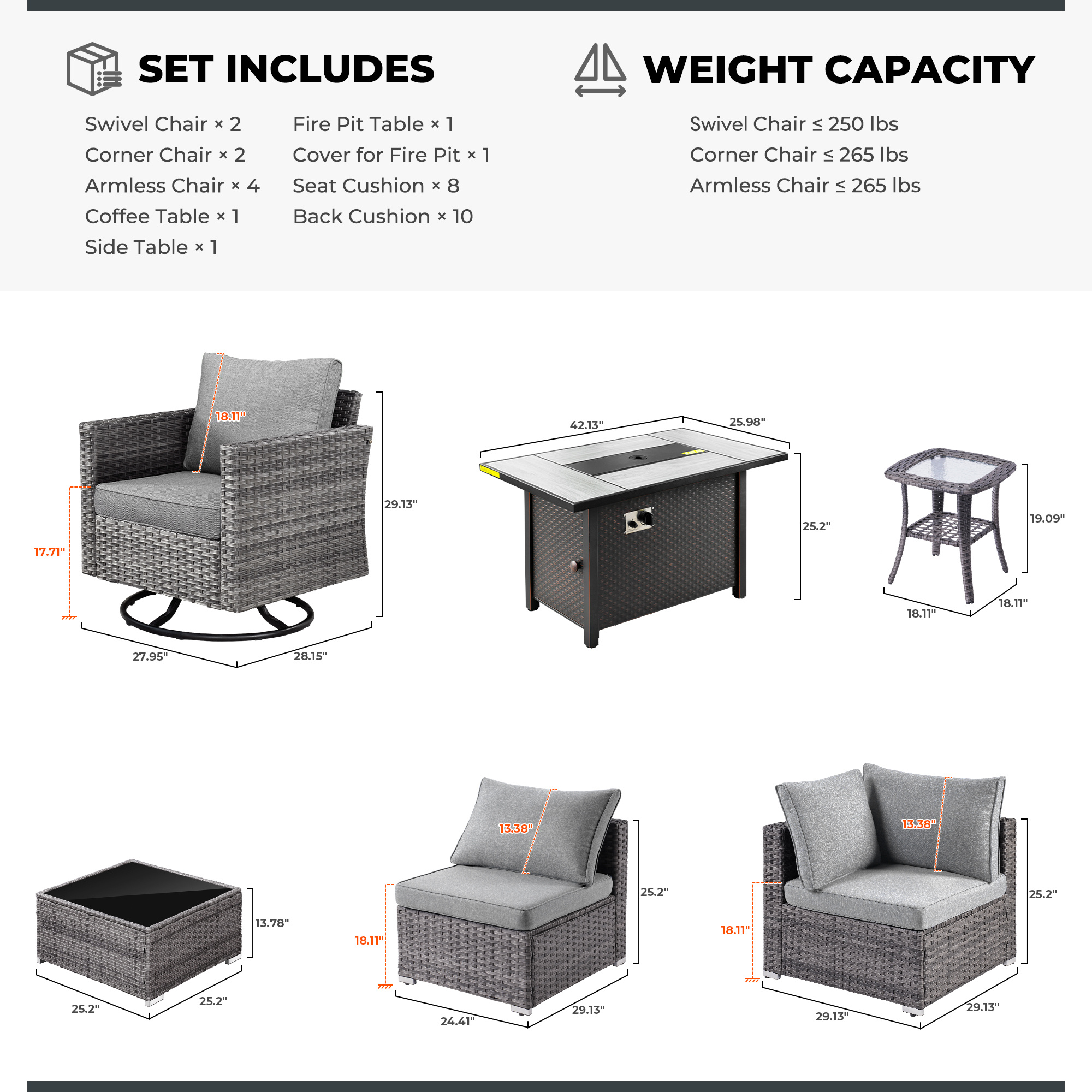 Ovios 11 Pieces Patio Fire Pit Set Outdoor Wicker Sectional Sofa Conversation Set with Swivel Rocking Chairs and Side Table,Dark Gray - Image 4