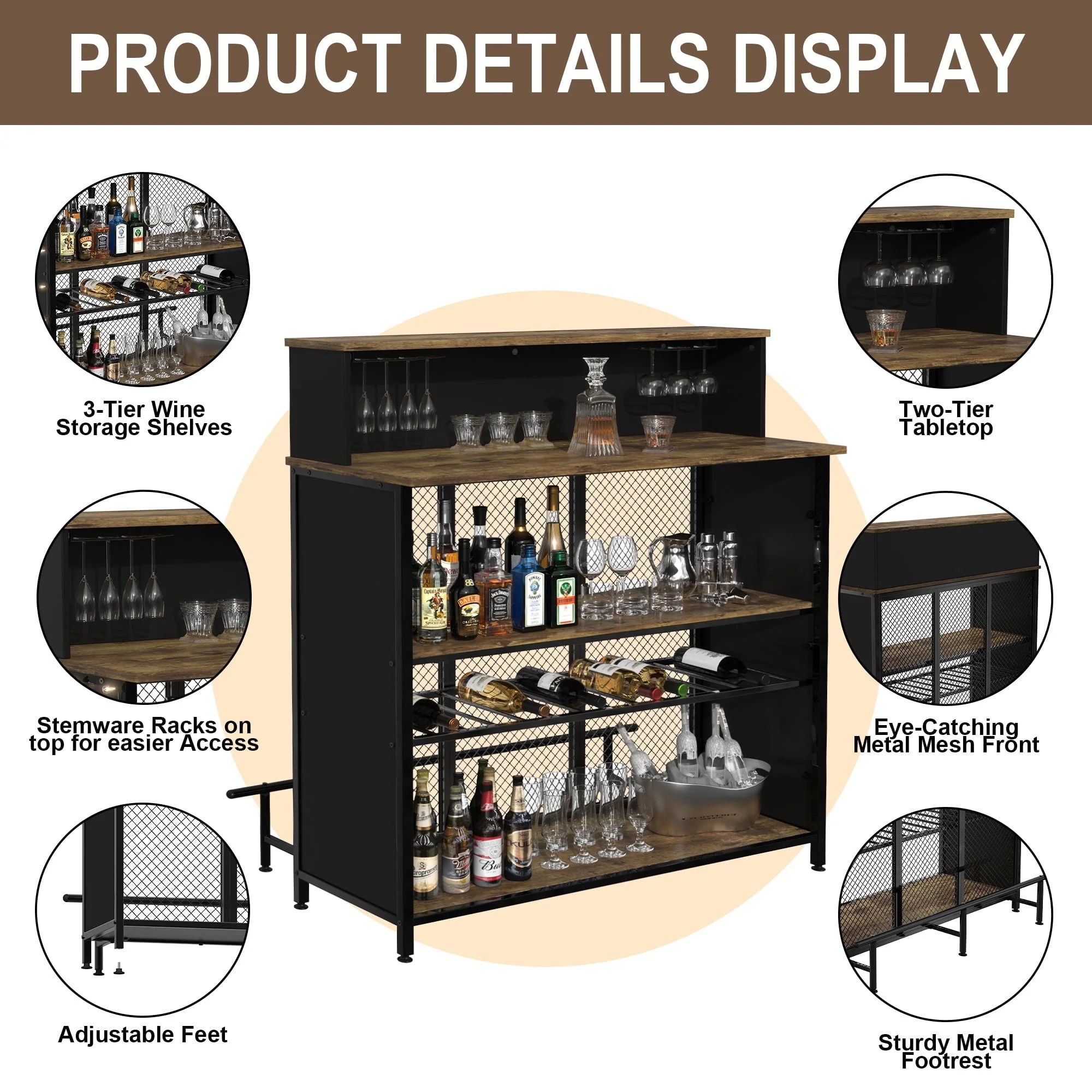 GDLF Home Bar Unit Mini Bar Liquor Bar Table with Storage and Footrest - Image 14