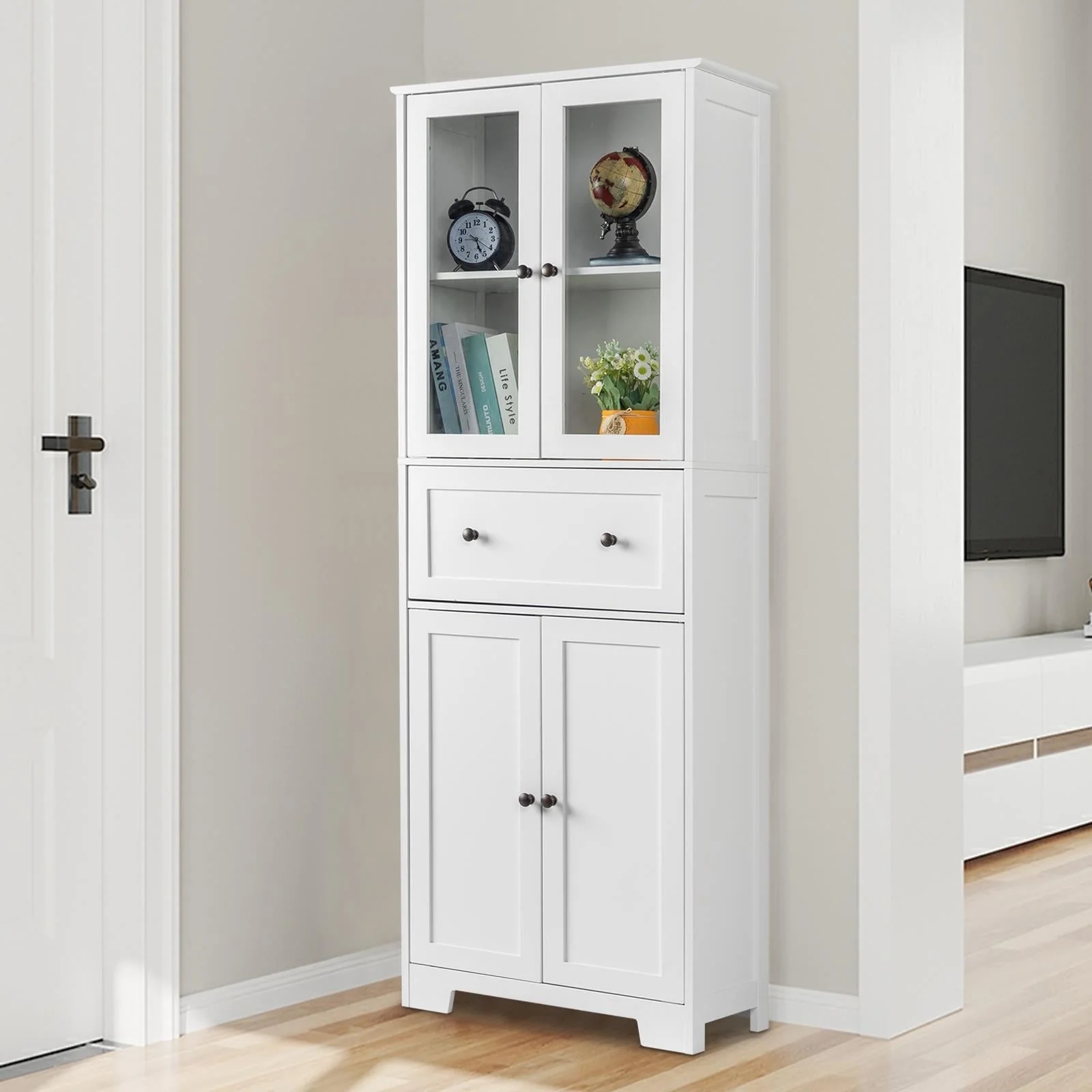 Ktaxon 64" Tall Bathroom Storage Cabinet Organizer, Freestanding Kitchen Pantry Cabinet Line Tower with 2 Glass Doors, Large Drawer & 4 Adjustable Shelves for Dining Room Living Room Home Office,White - Image 12