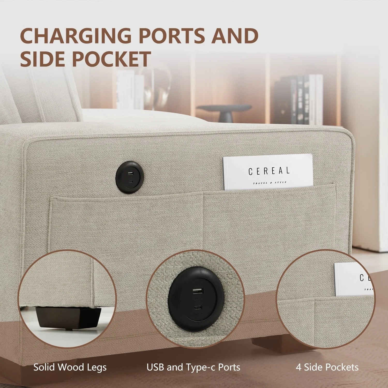 ASHOMELI 98.45'' Convertible Sectional Sofa,L Shaped Couch,Multi-Functional Reversible Sofa with USB and Type-C Charging Ports, Storage Space, Breathable Fabric - Image 5
