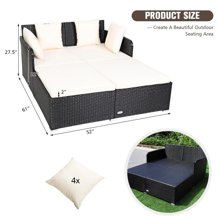 Veryke Outdoor Patio Wicker Daybed Double Chaise Lounge with Cushion, Recliner Chair for Patio Furniture - Beige - Image 9