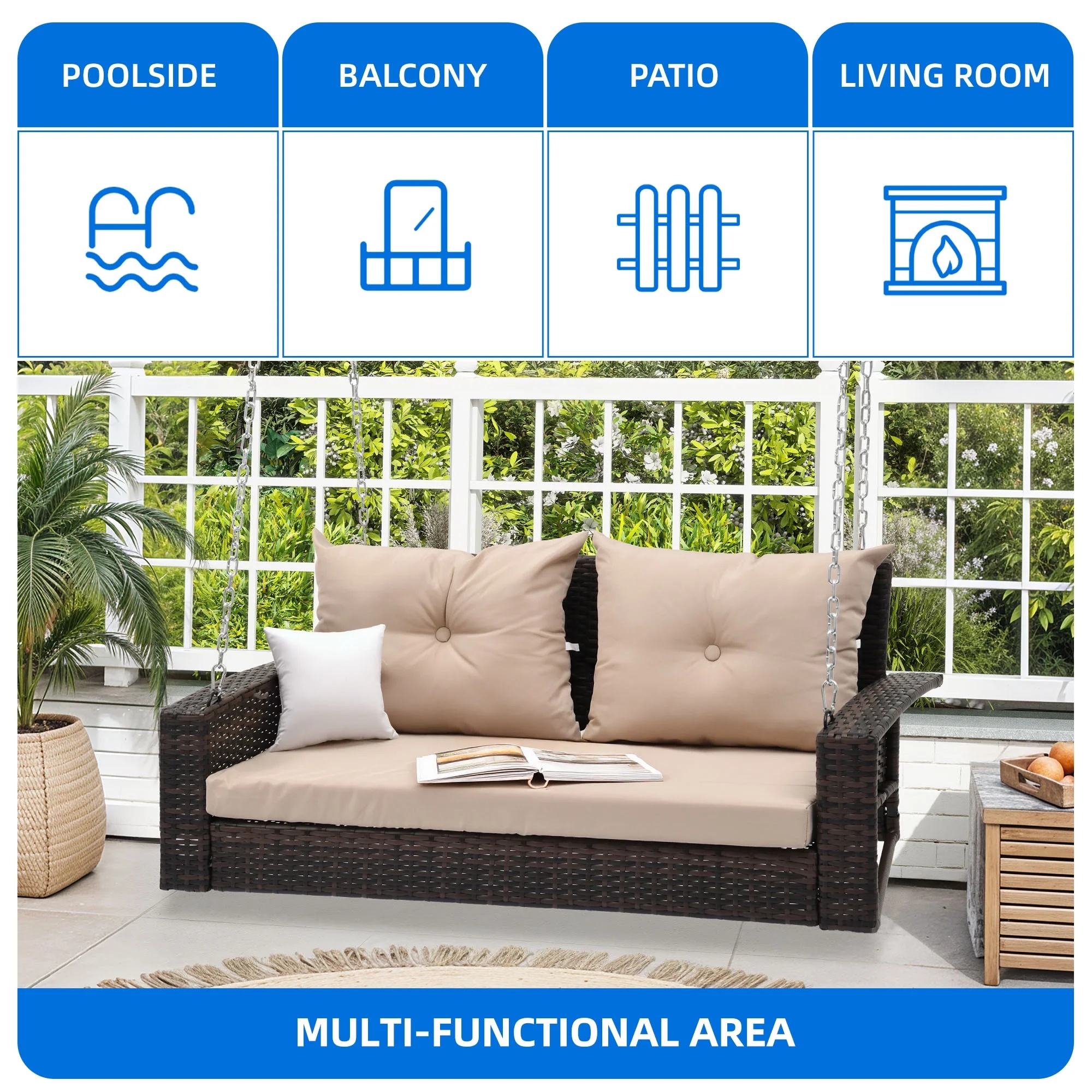 Dextrus 2-Seats Wicker Hanging Porch Swing Chair Outdoor Black Rattan Patio Swing Lounge w/ 2 Back Cushions Capacity 770lbs for Garden, Balcony, Living Room, Beige - Image 3
