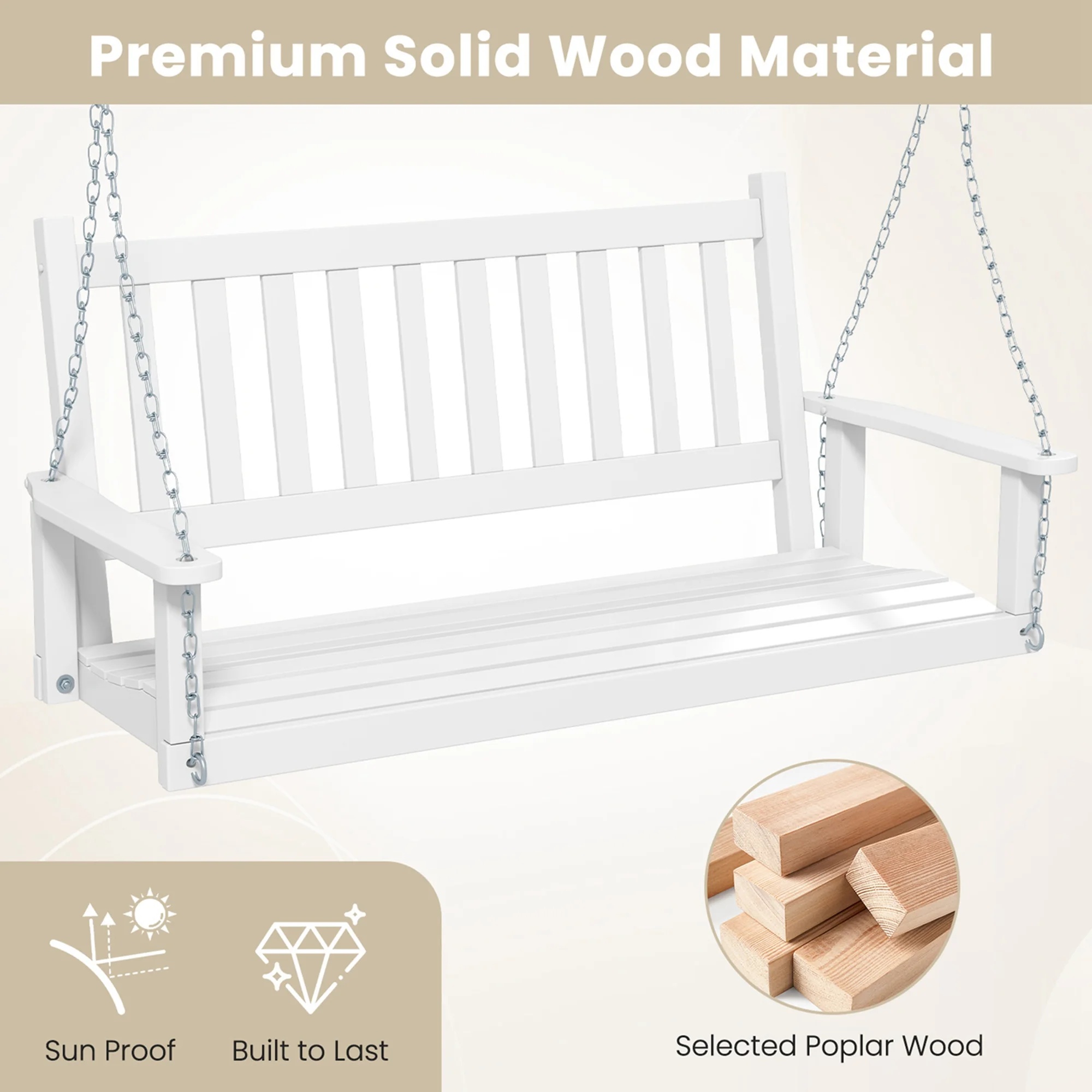 Costway 3-Person Wooden Outdoor Porch Swing Heavy Duty Patio Hanging Bench Chair White - Image 7