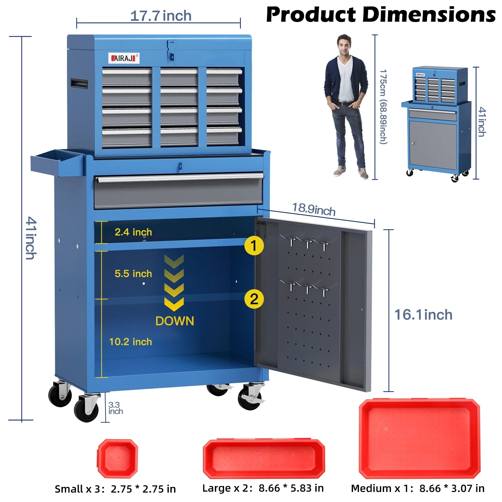 AIRAJ 7-Drawer 40 inch Large Rolling Tool Chest with Wheels | Detachable Top Metal Tool Box | Heavy Duty Toolbox Organizer with Hooks,Liners,Tray Divider - Image 6